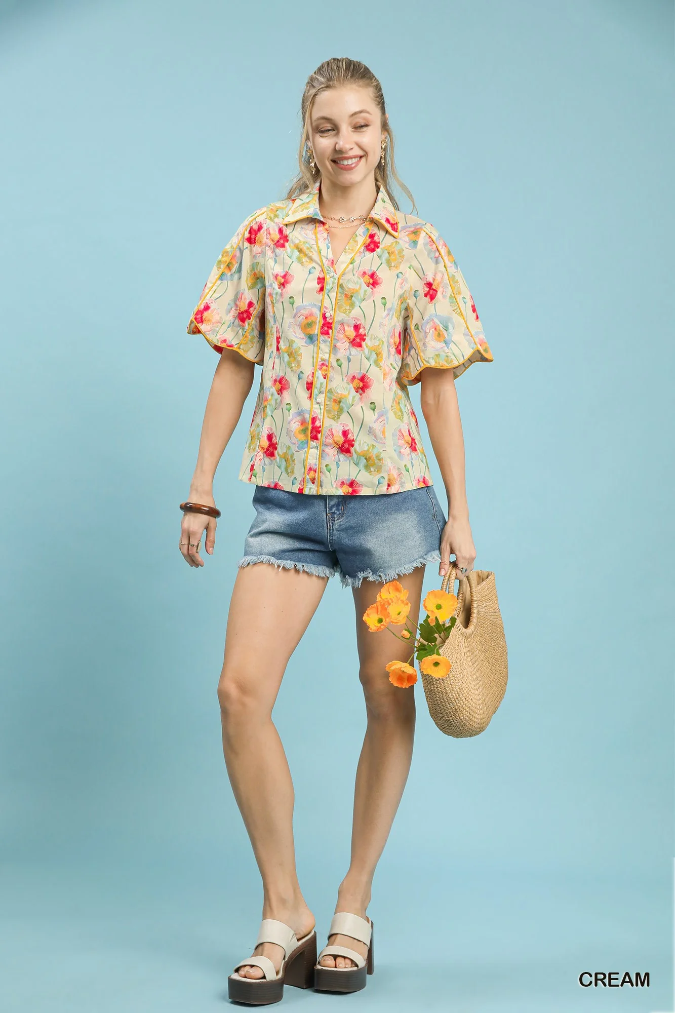 Umgee Floral Print Button-Down Blouse with Flutter Sleeves - Image 5