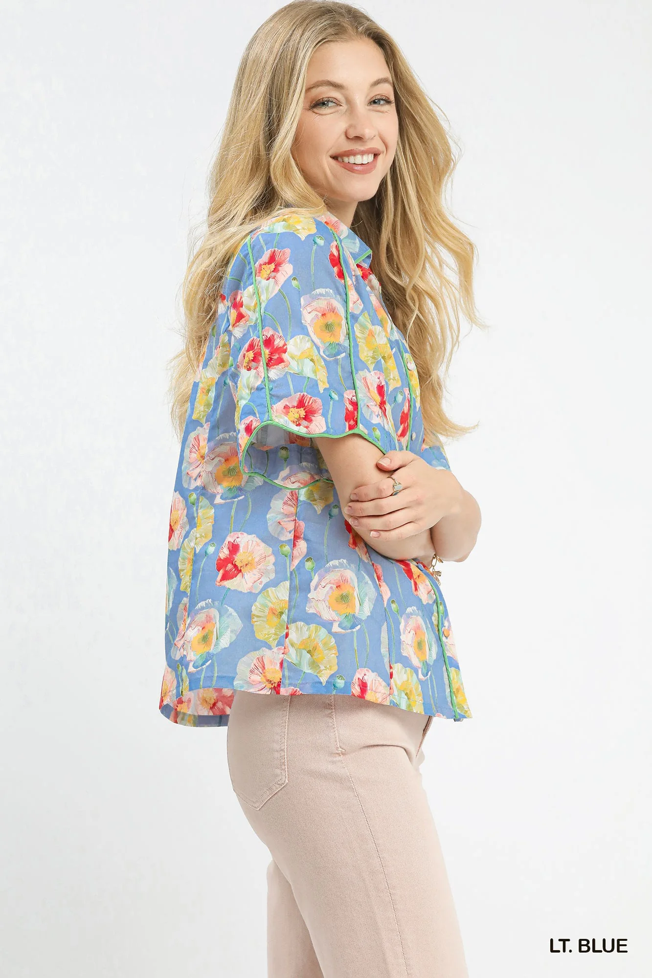 Umgee Floral Print Button-Down Blouse with Flutter Sleeves - Image 2