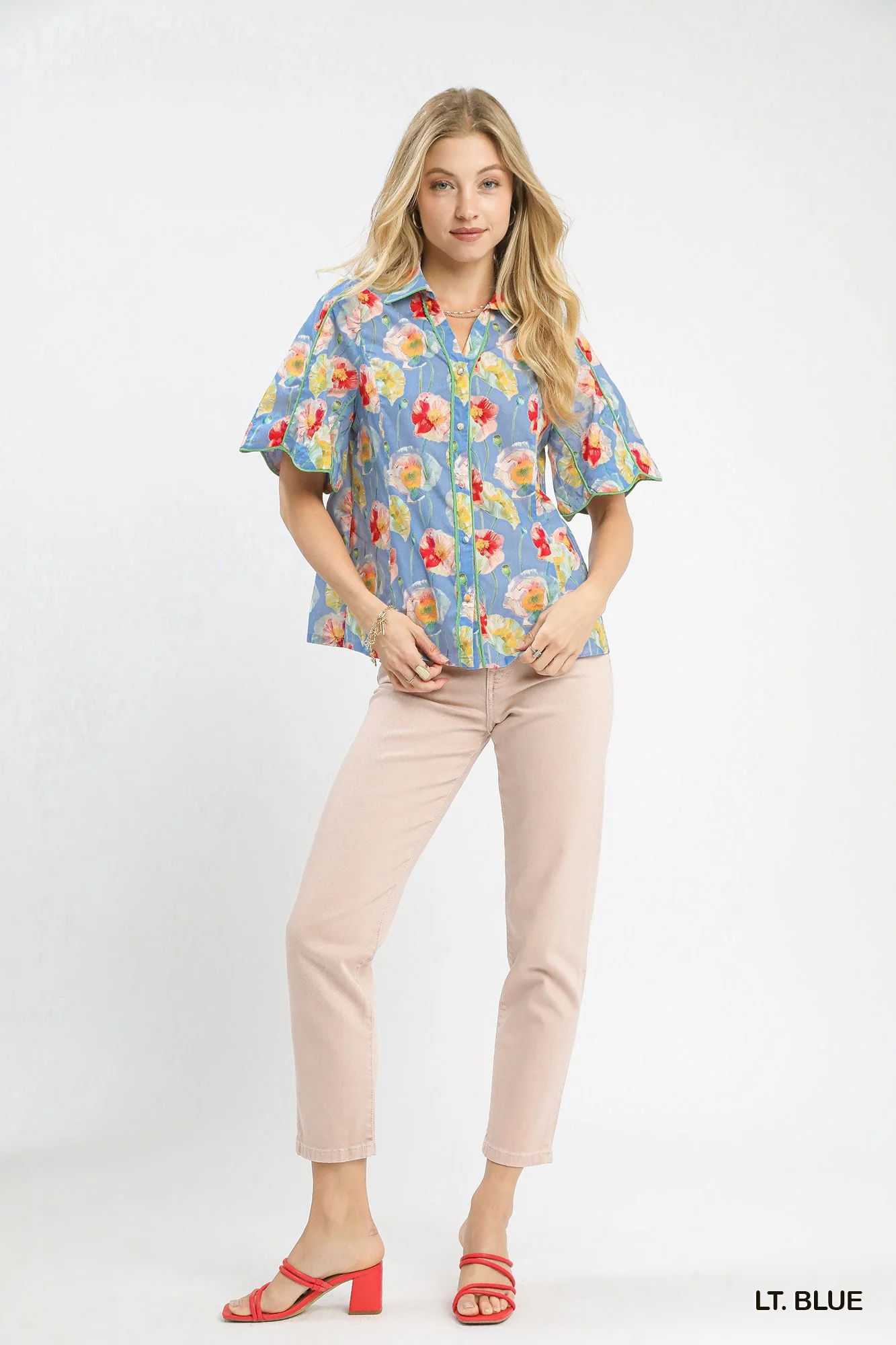 Umgee Floral Print Button-Down Blouse with Flutter Sleeves - Image 4