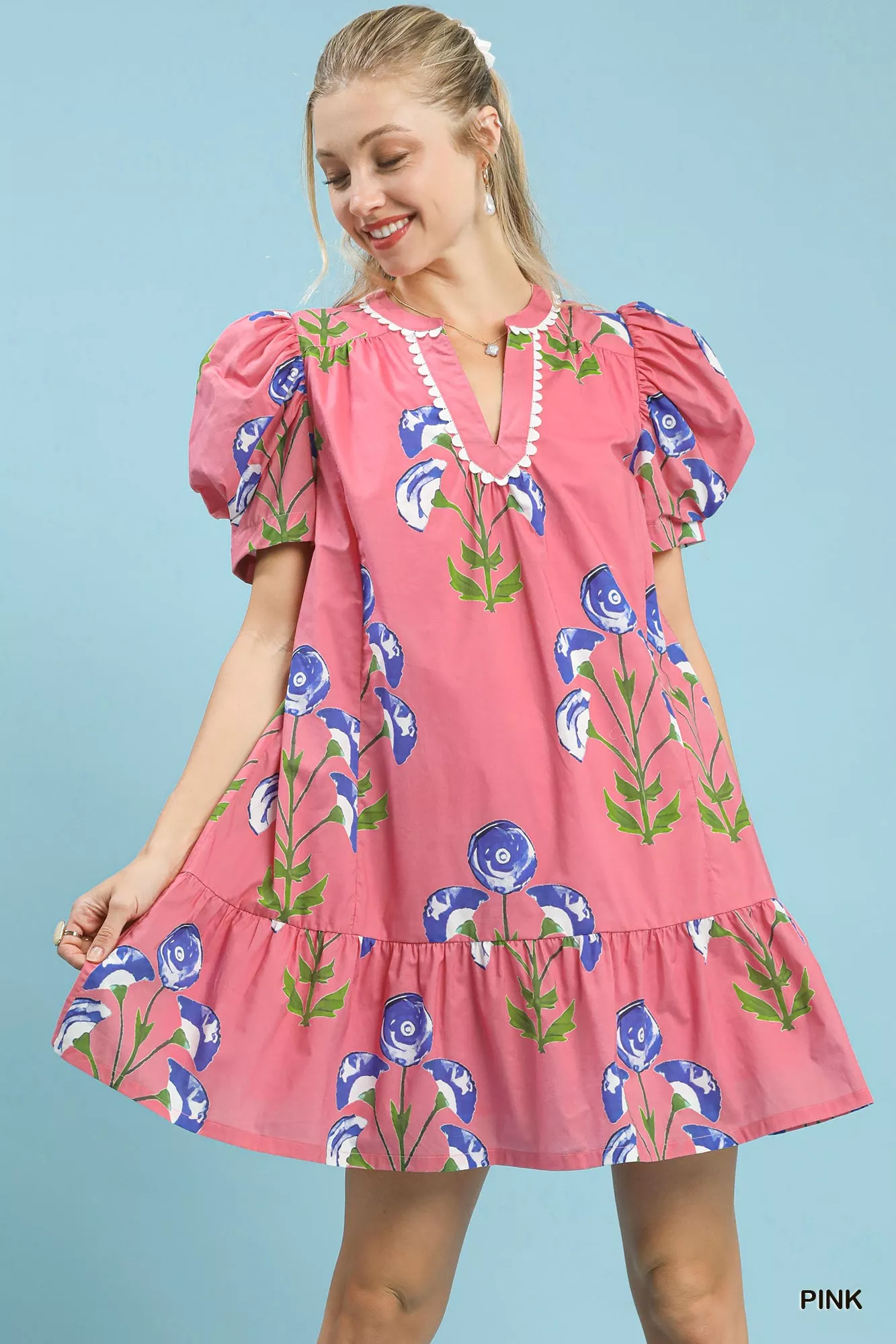Umgee Floral Print Puff Sleeve Mini Dress with Scallop Trim