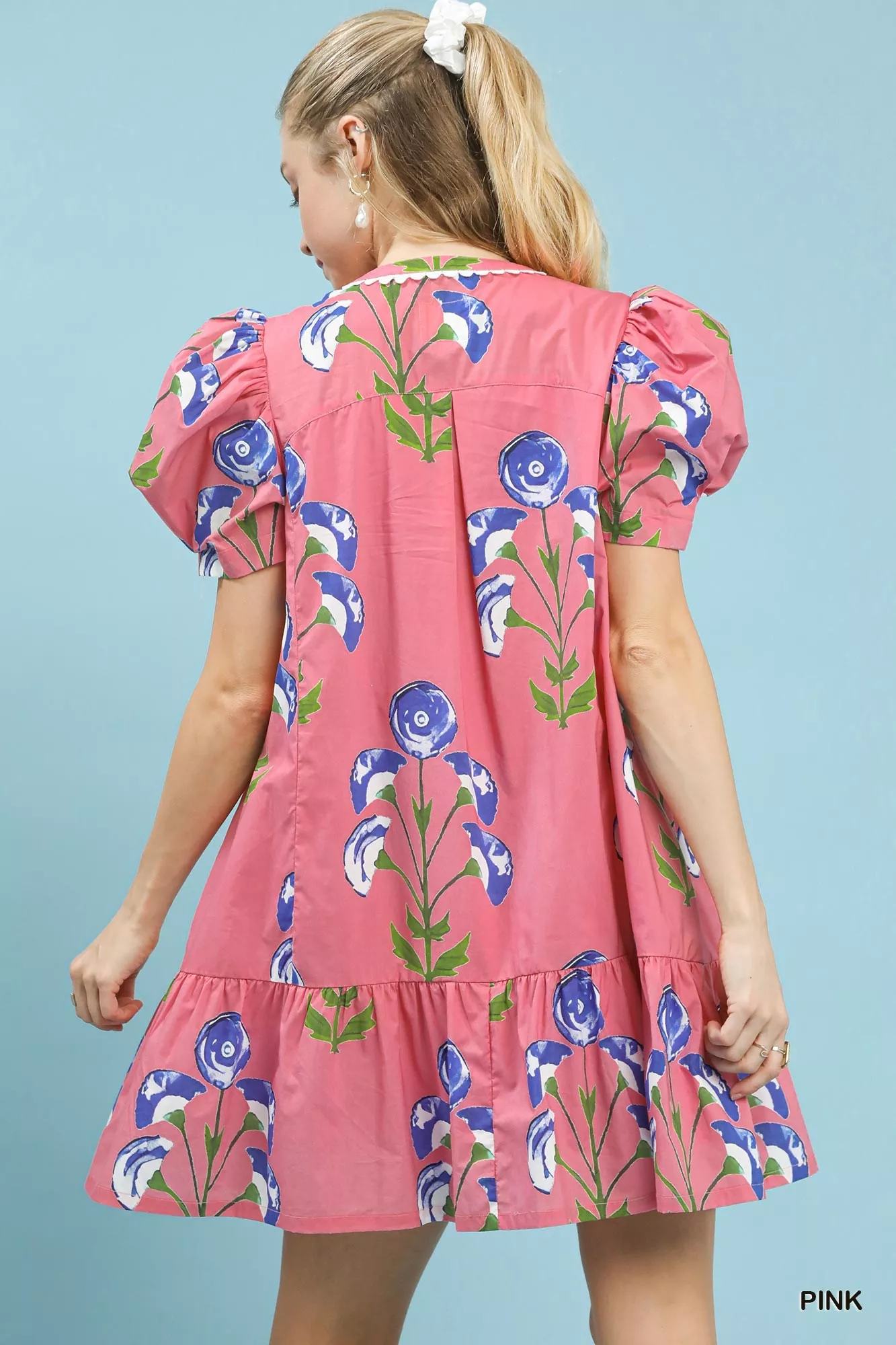 Umgee Floral Print Puff Sleeve Mini Dress with Scallop Trim - Image 3