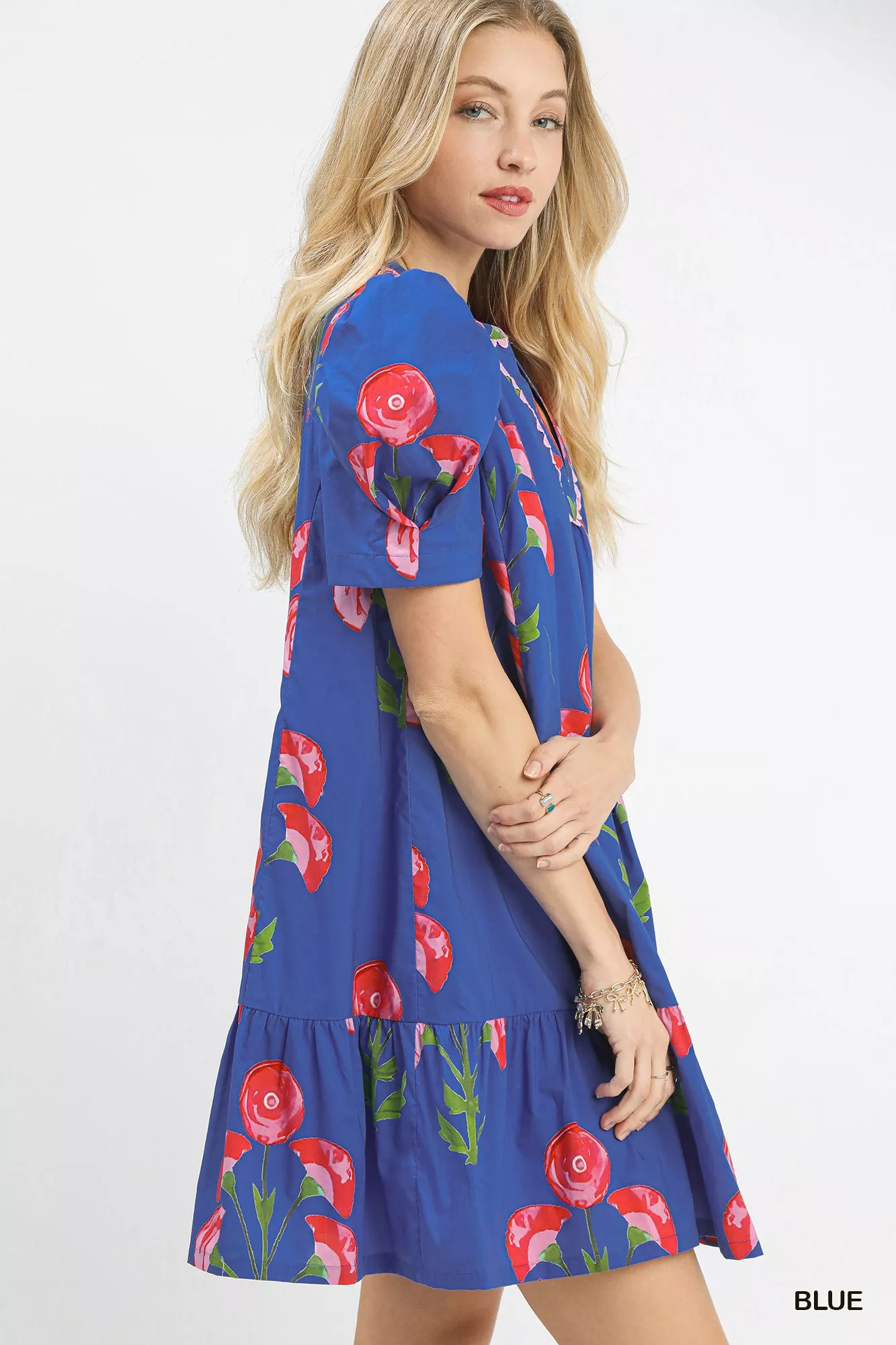 Umgee Floral Print Puff Sleeve Mini Dress with Scallop Trim - Image 2