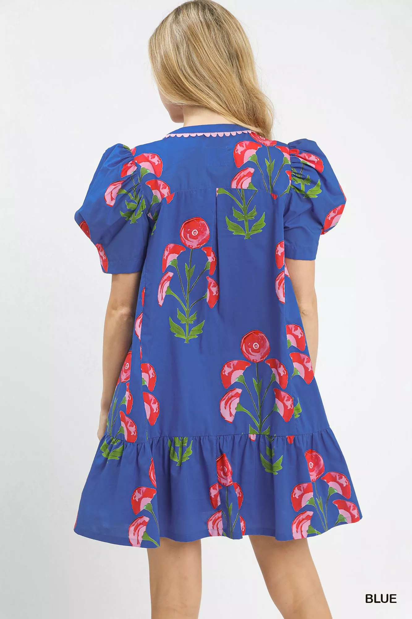 Umgee Floral Print Puff Sleeve Mini Dress with Scallop Trim - Image 3
