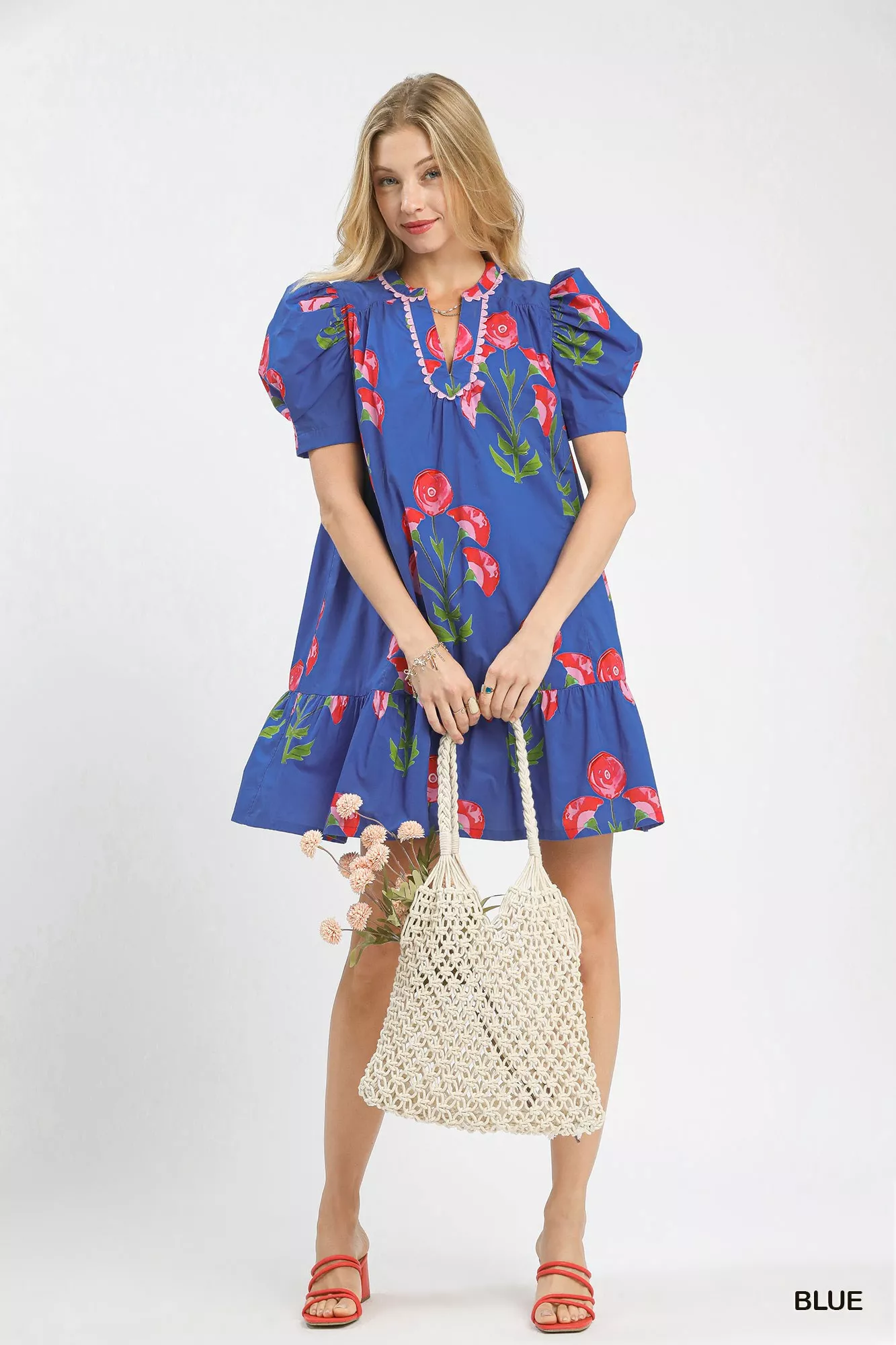 Umgee Floral Print Puff Sleeve Mini Dress with Scallop Trim - Image 4