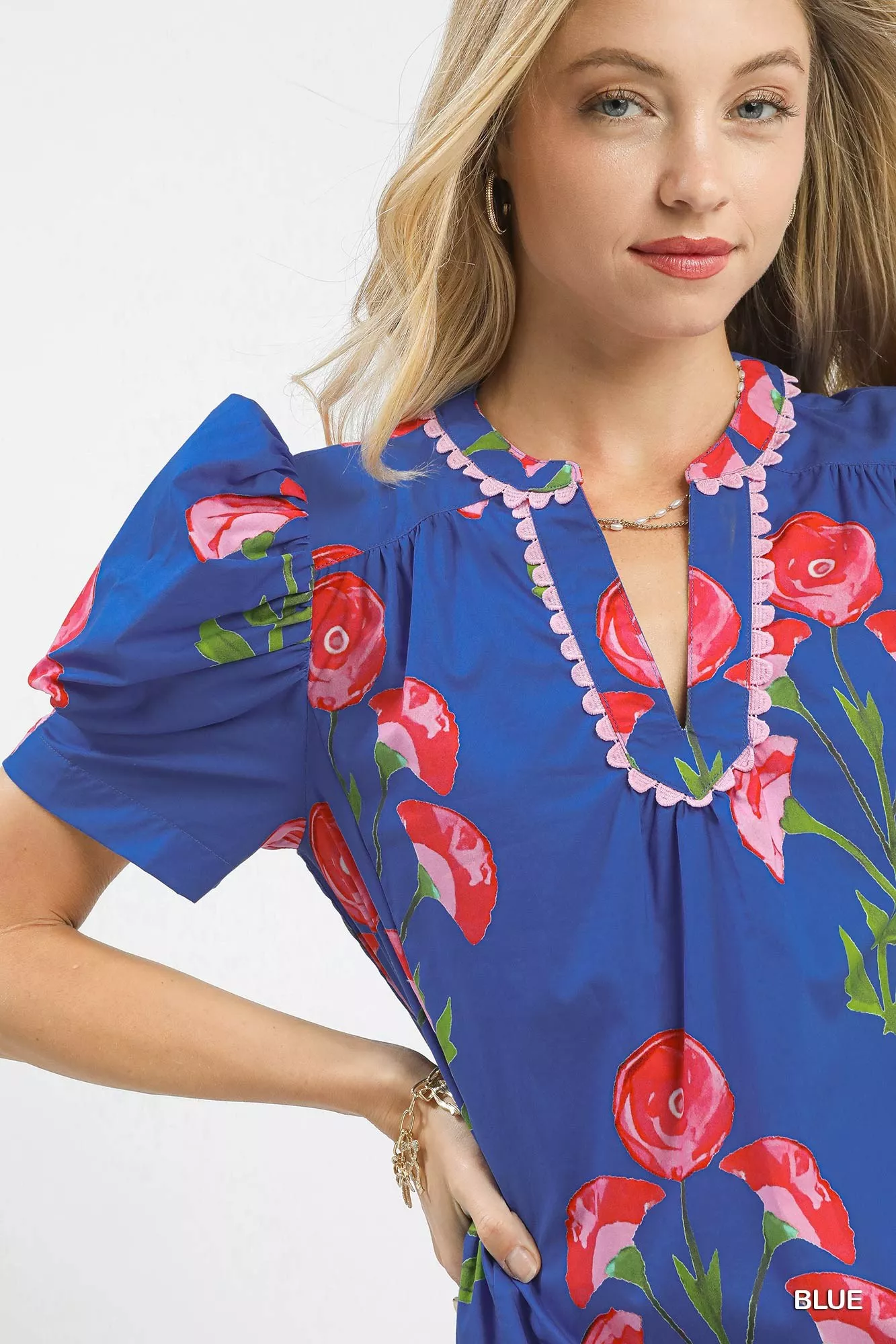 Umgee Floral Print Puff Sleeve Mini Dress with Scallop Trim - Image 5