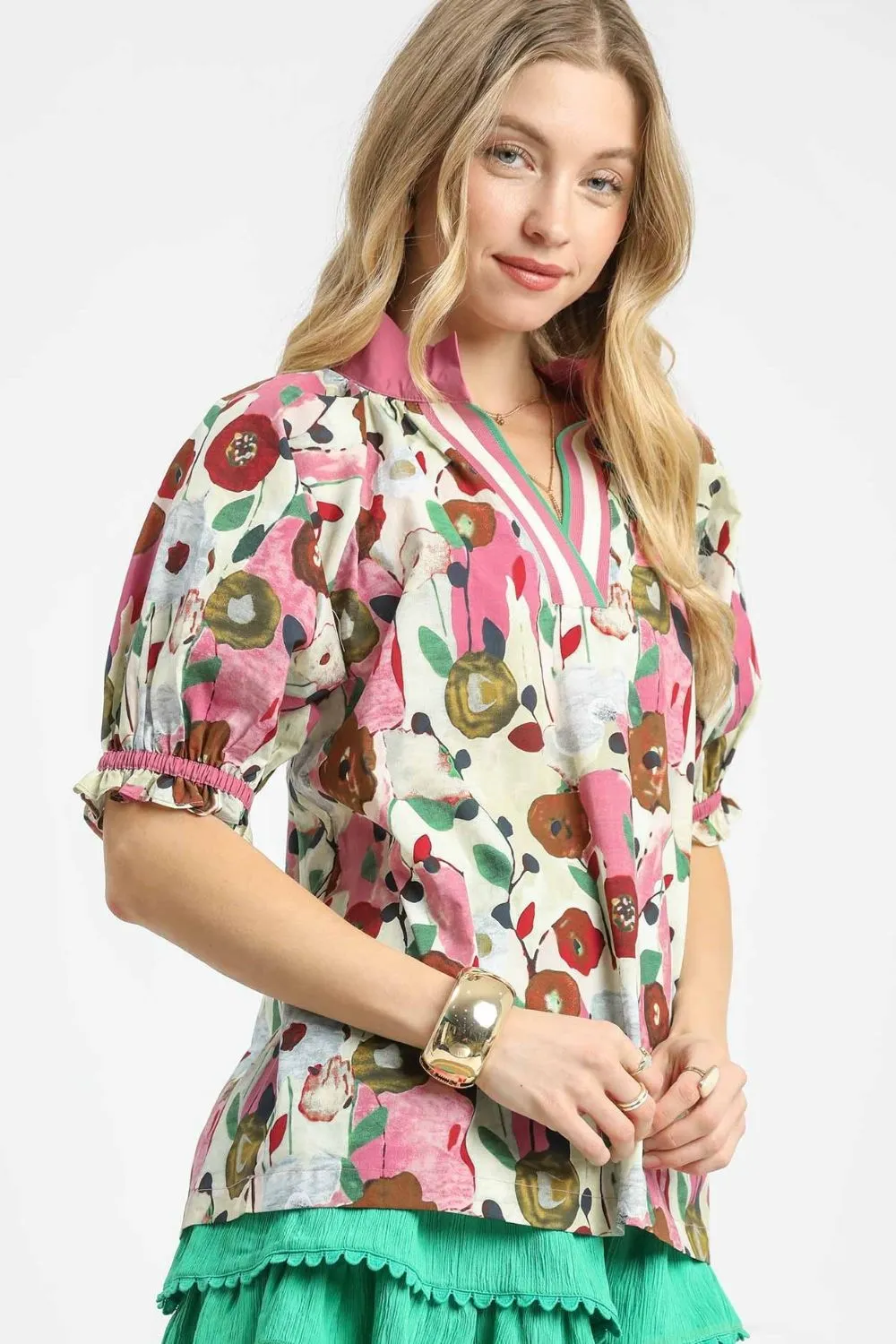 Umgee Floral Print Puff Sleeve Oversized Blouse - Image 2