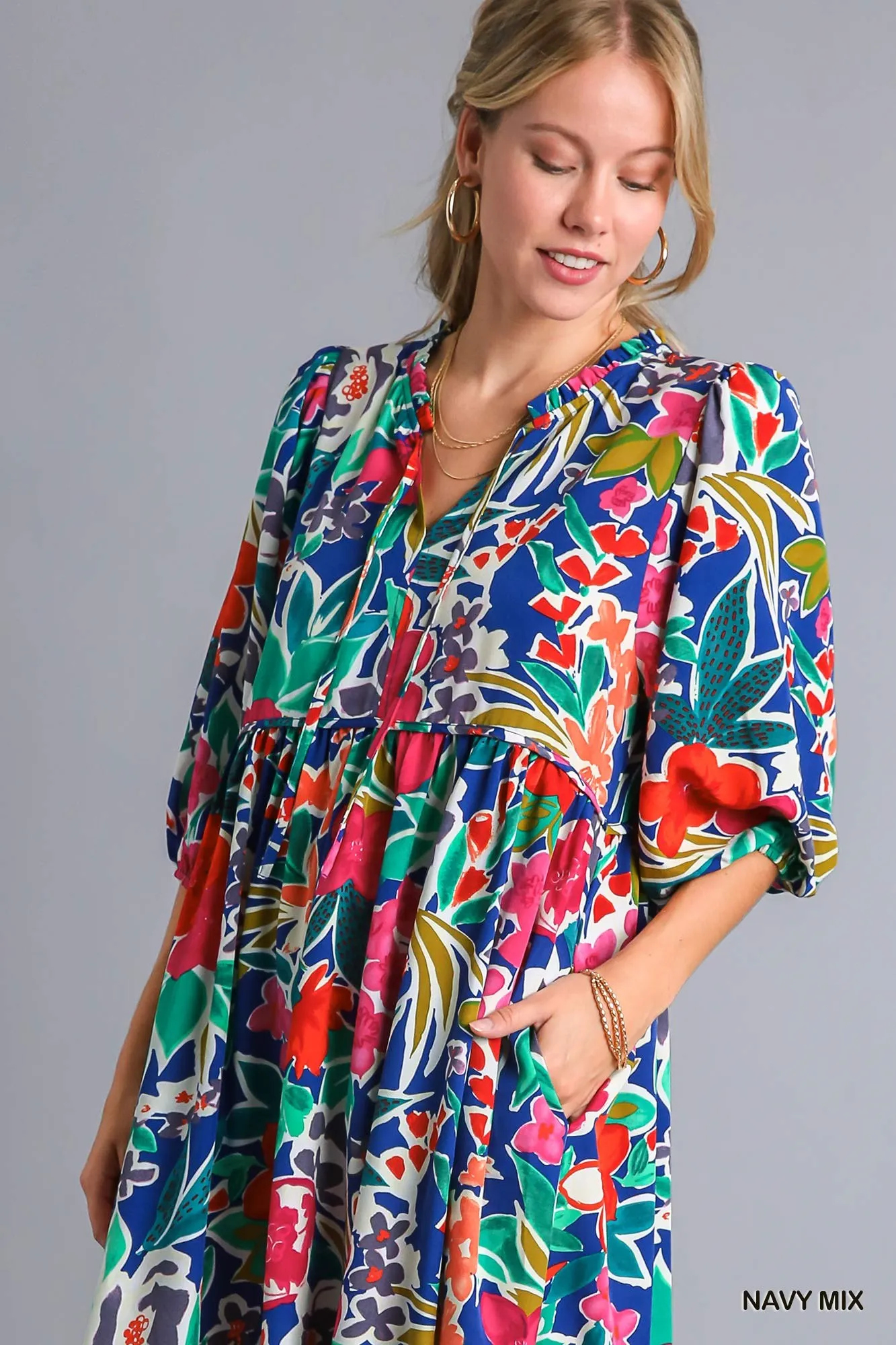 Umgee Floral Print Tie Neck Midi Dress with Pockets - Image 4