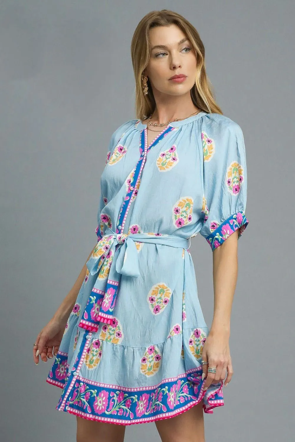 Umgee Floral Print Tie Waist Short Sleeve Dress - Image 2