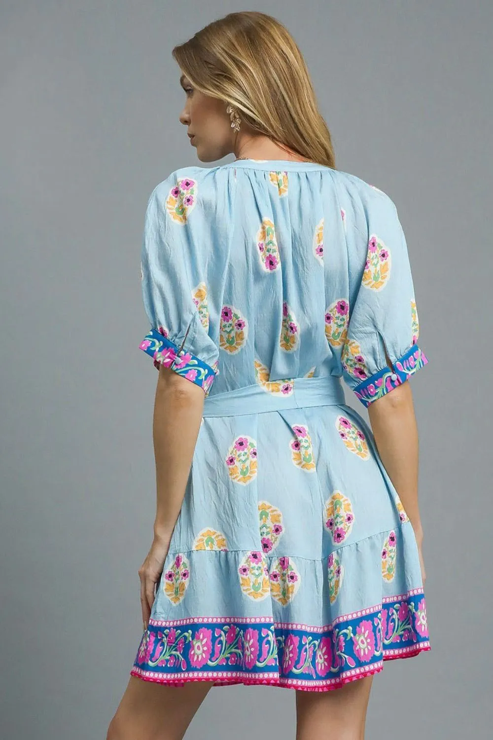 Umgee Floral Print Tie Waist Short Sleeve Dress - Image 4