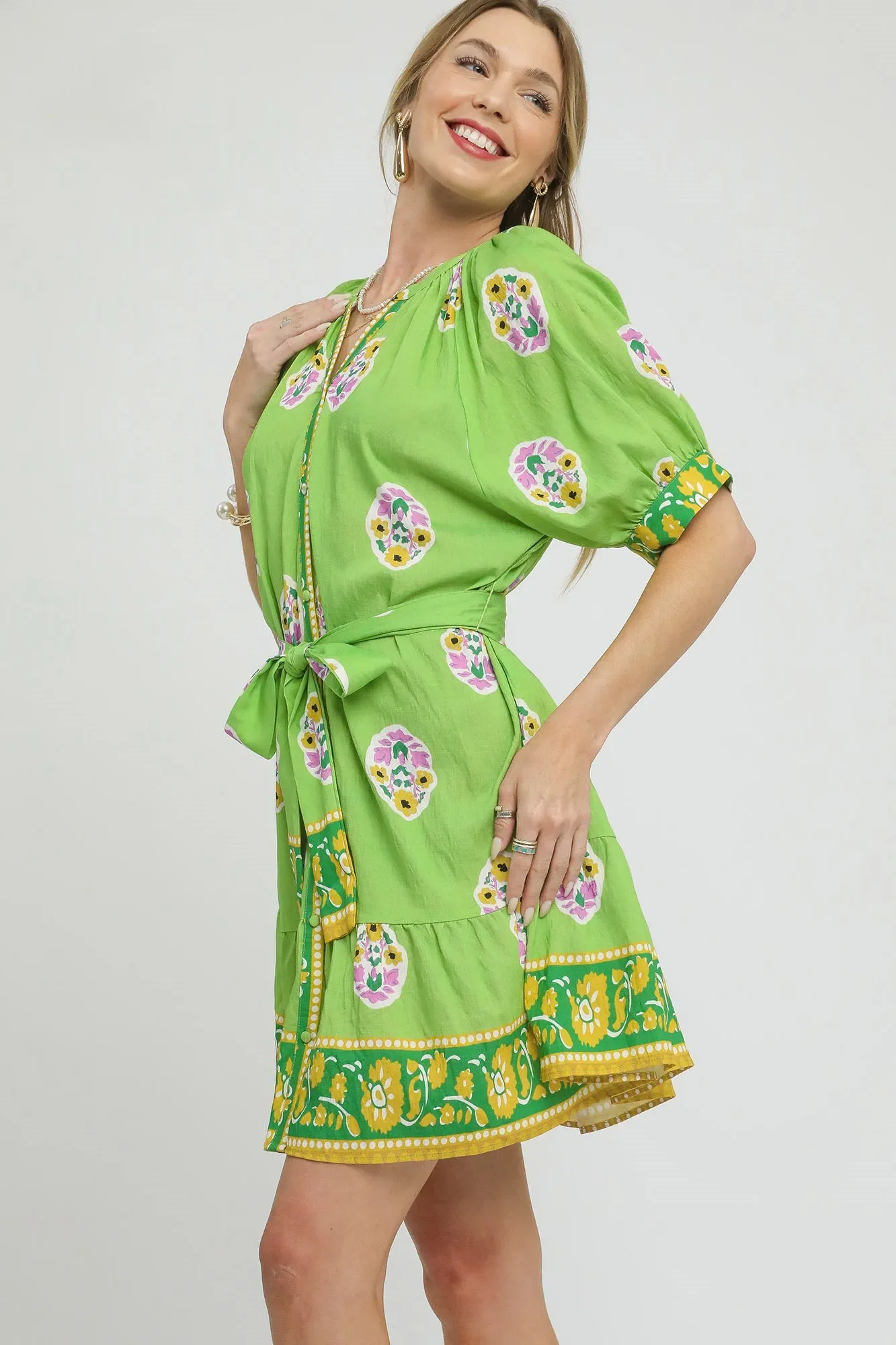Umgee Floral Print Tie Waist Short Sleeve Dress - Image 2