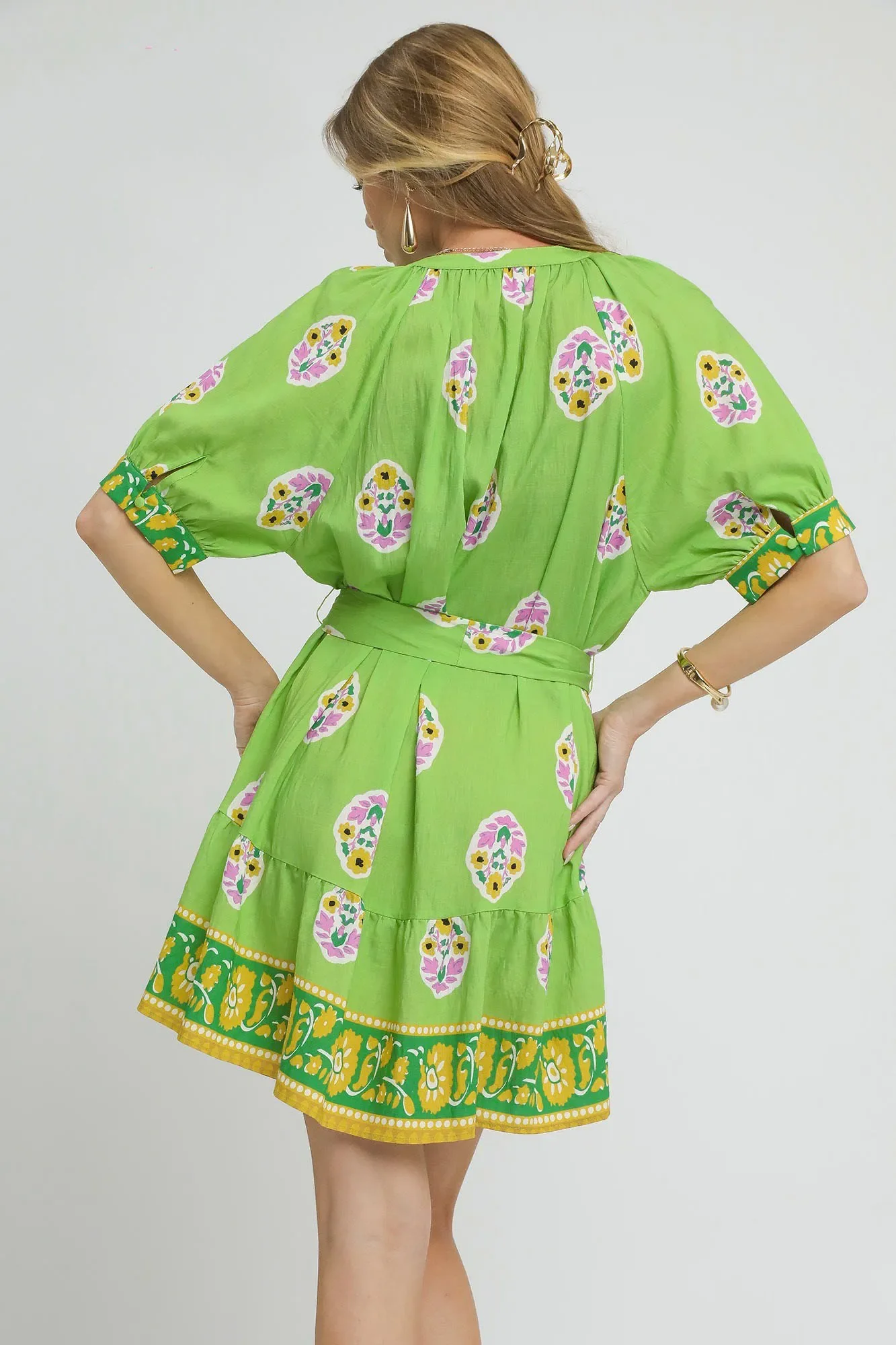Umgee Floral Print Tie Waist Short Sleeve Dress - Image 3