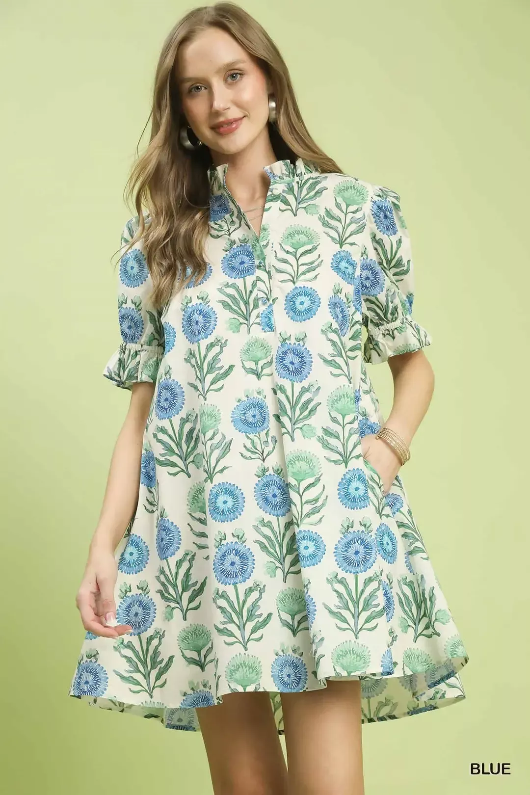 Umgee Floral Puff Sleeve Babydoll Dress with Side Pockets