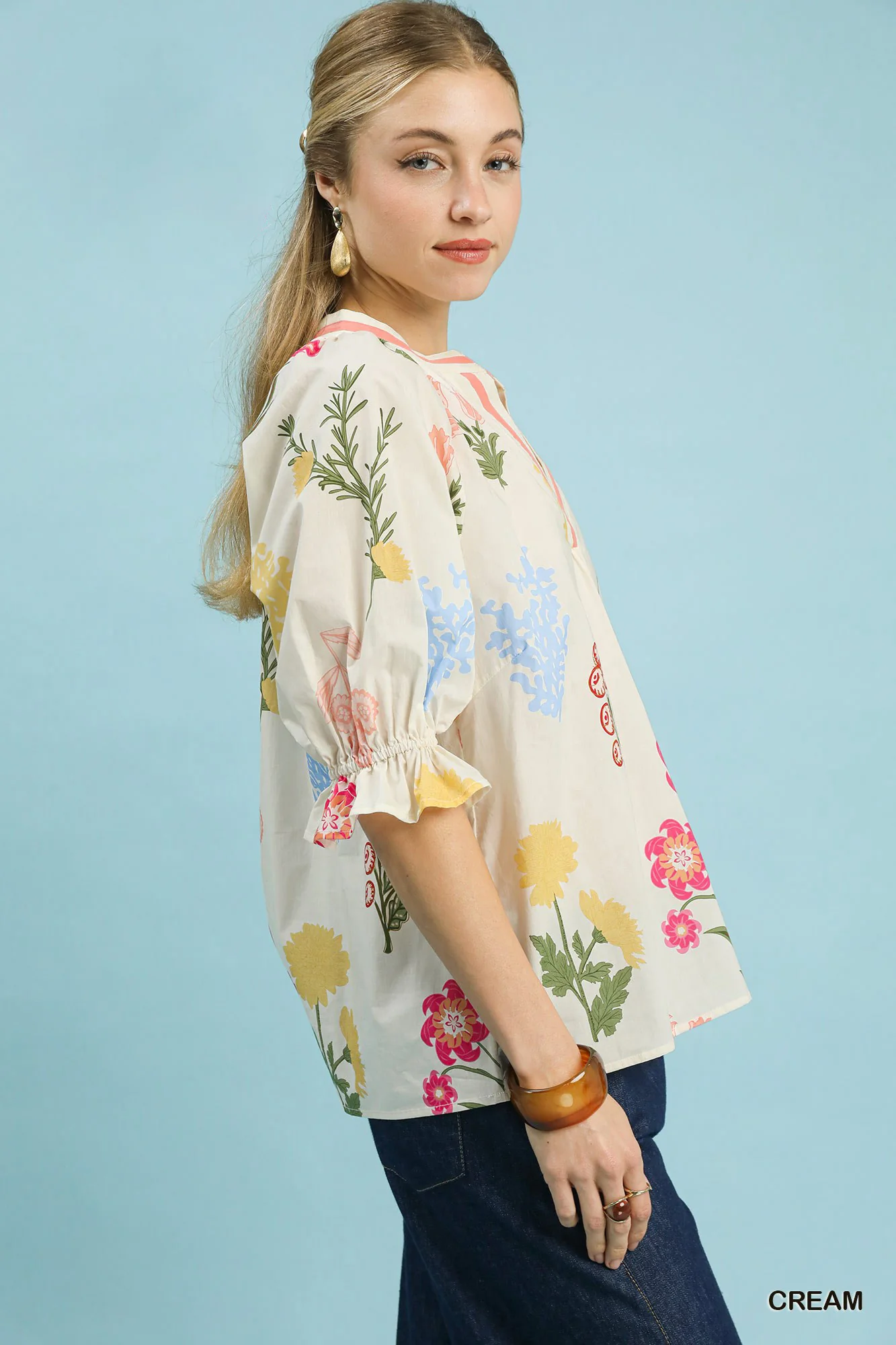 Umgee Floral Split Neck Puff Sleeve Top - Image 2
