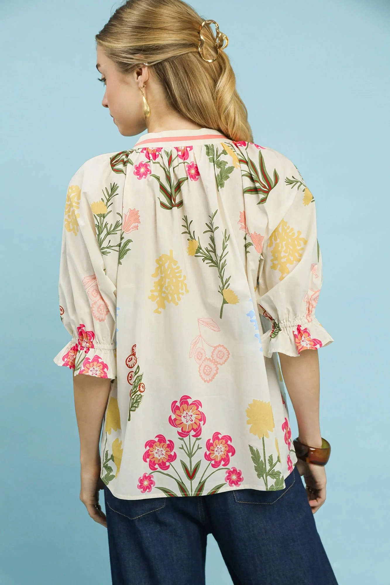 Umgee Floral Split Neck Puff Sleeve Top - Image 3