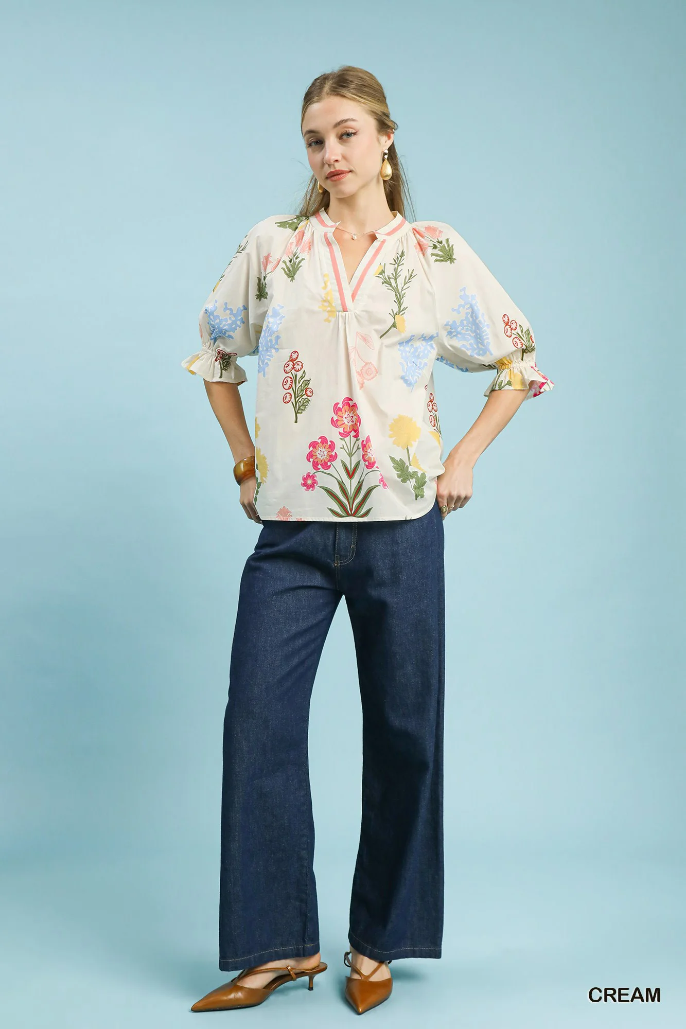 Umgee Floral Split Neck Puff Sleeve Top - Image 5