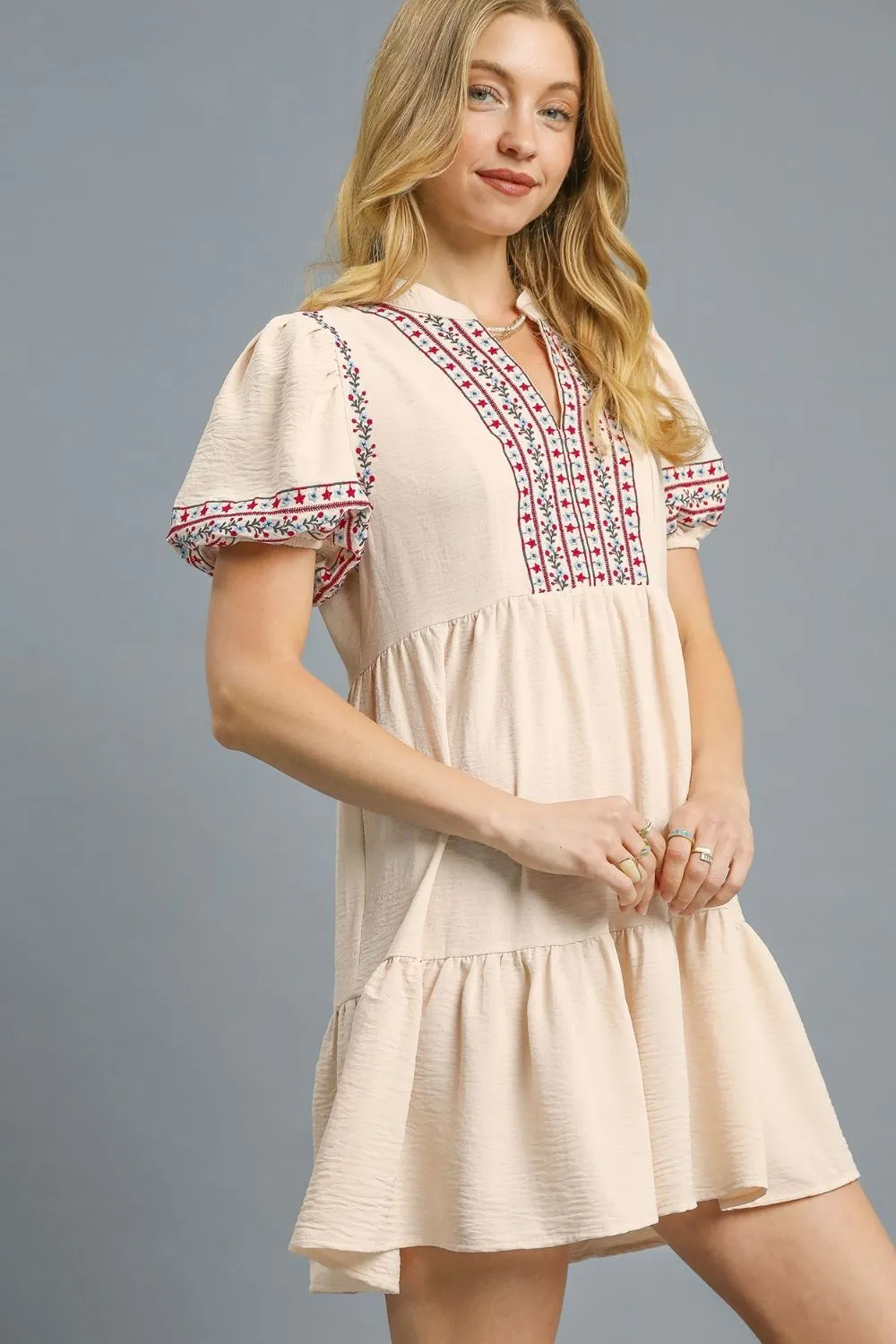 Umgee Floral Trim Puff Sleeve Mini Dress - Image 2