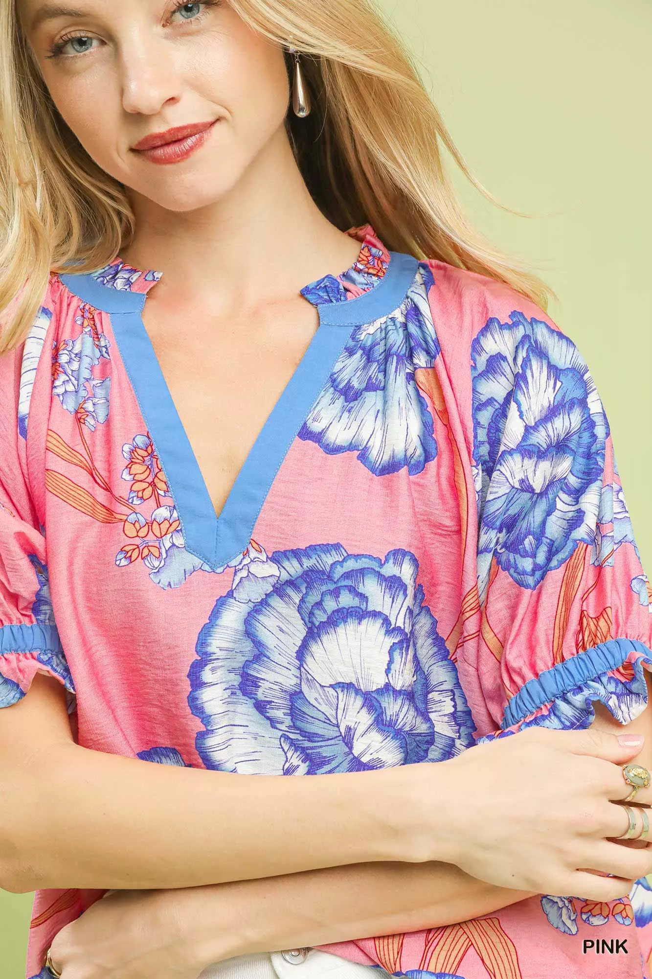 Umgee Floral V-Neck Puff Sleeve Blouse - Image 5