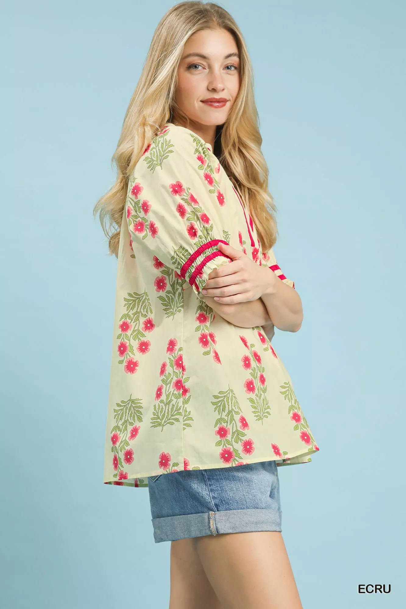 Umgee Floral V-Neck Puff Sleeve Top - Image 2