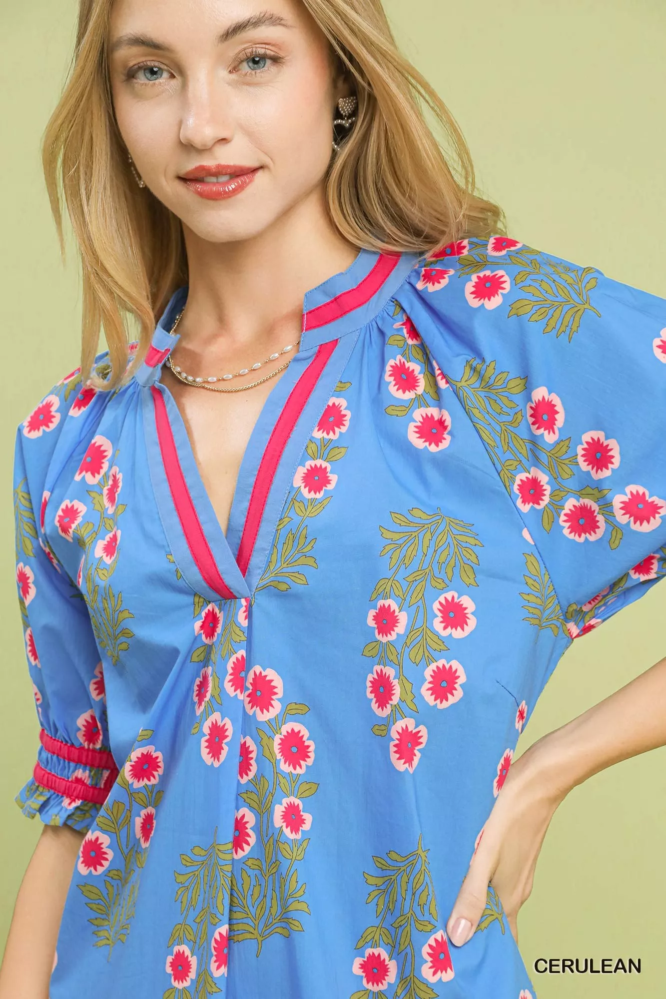Umgee Floral V-Neck Puff Sleeve Top - Image 5