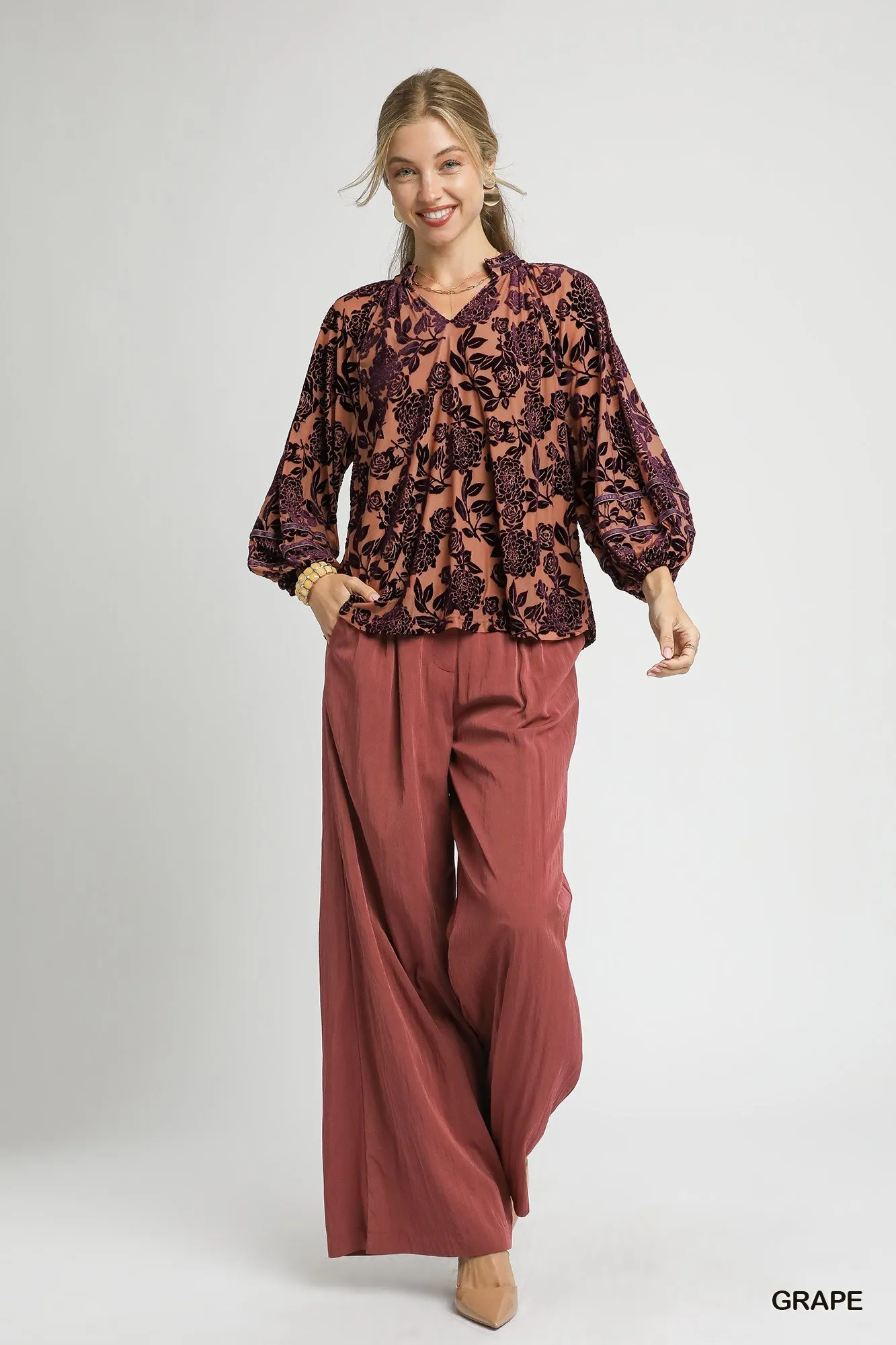 Umgee Floral Velvet Blouse with Balloon Sleeves - Image 4