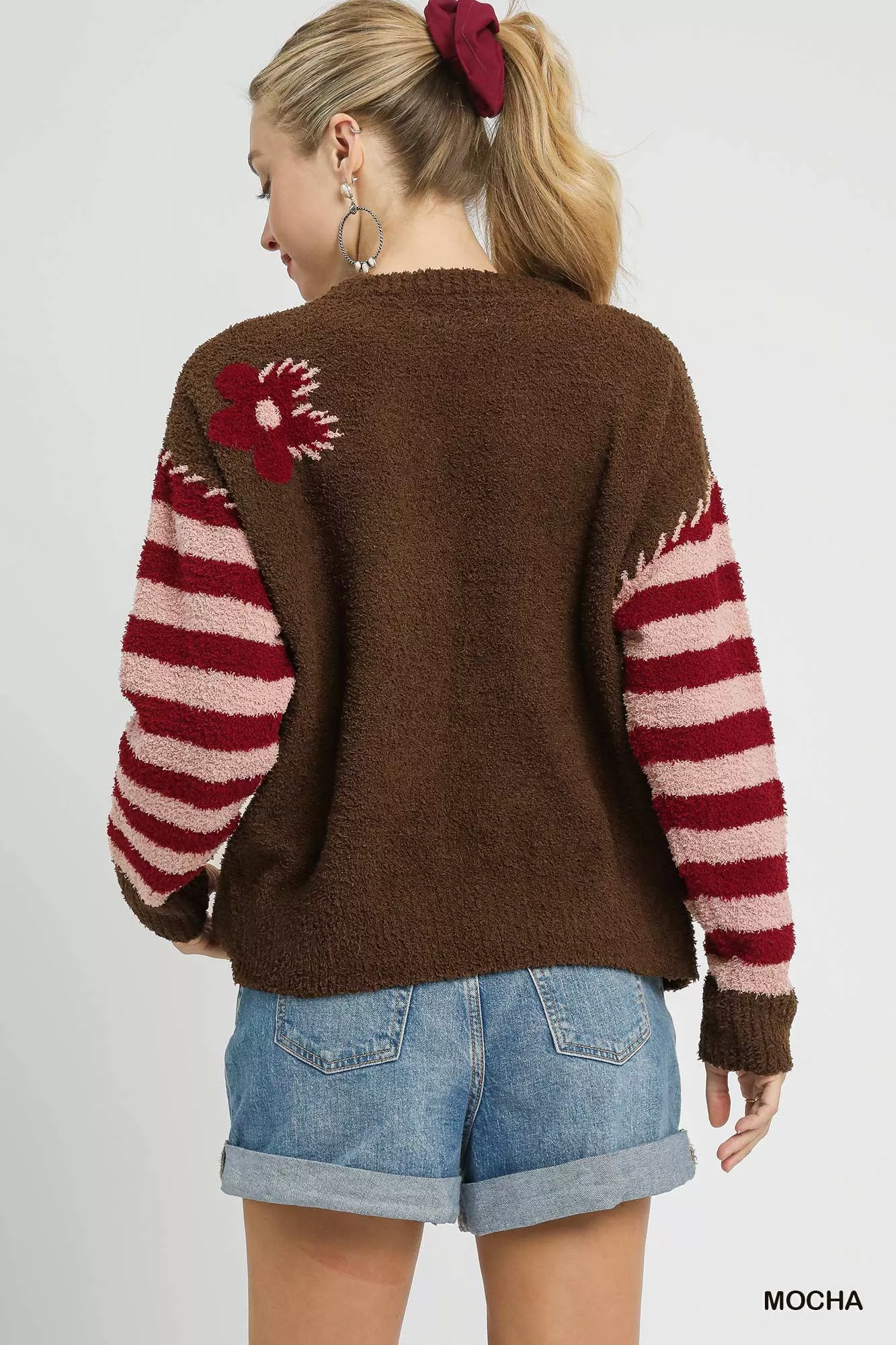 Umgee Flower Jacquard Striped Long Sleeve Sweater - Image 4