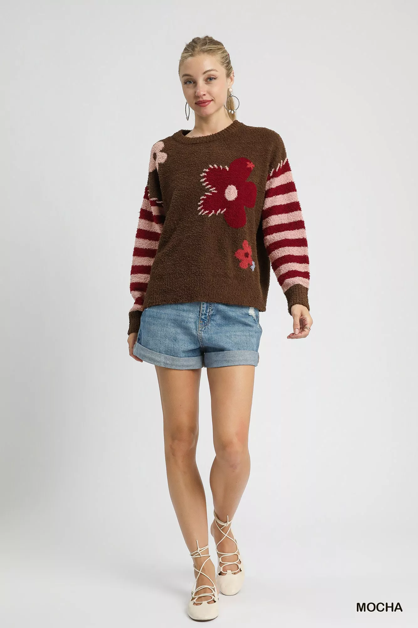 Umgee Flower Jacquard Striped Long Sleeve Sweater - Image 5