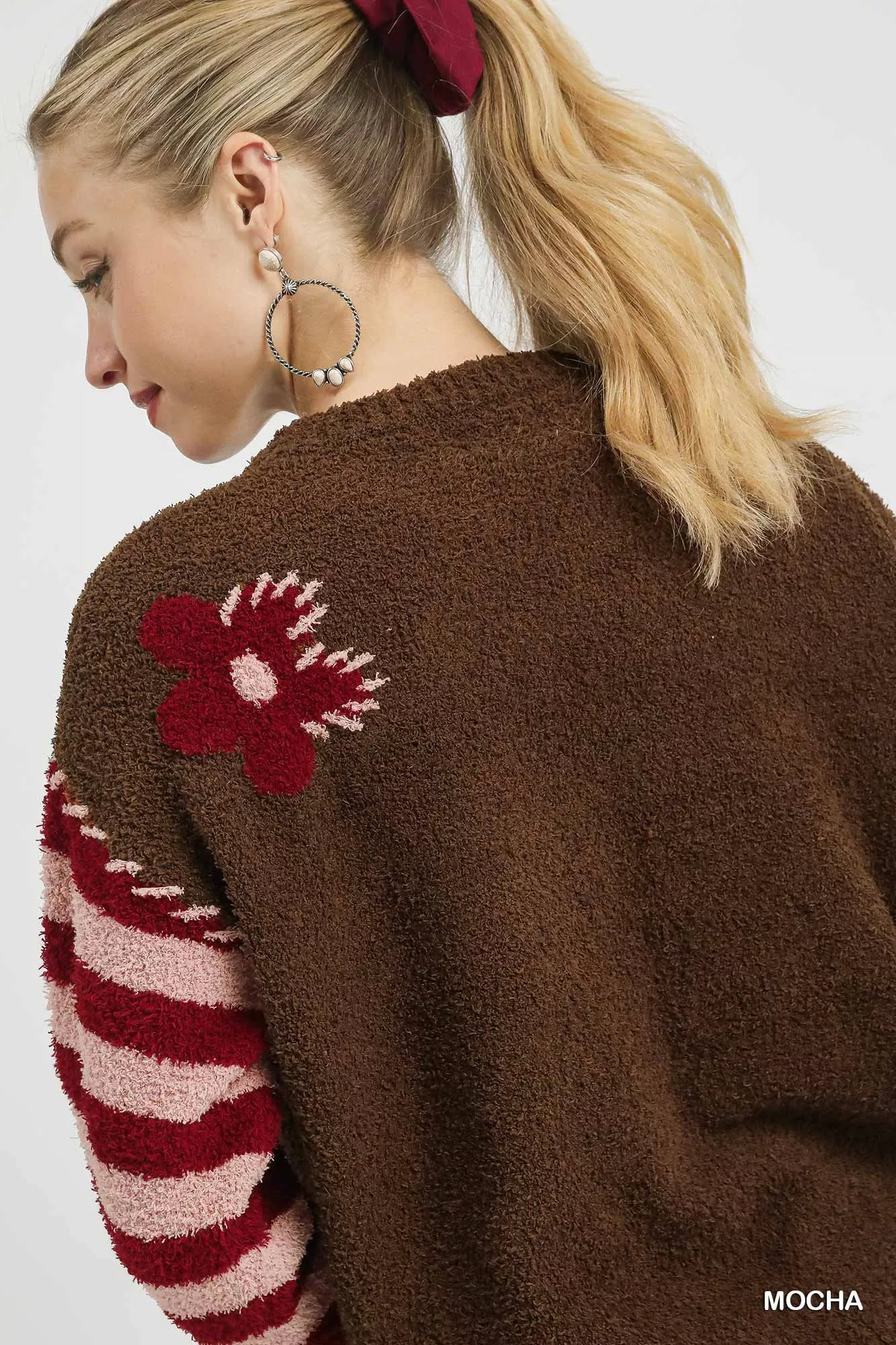 Umgee Flower Jacquard Striped Long Sleeve Sweater - Image 6