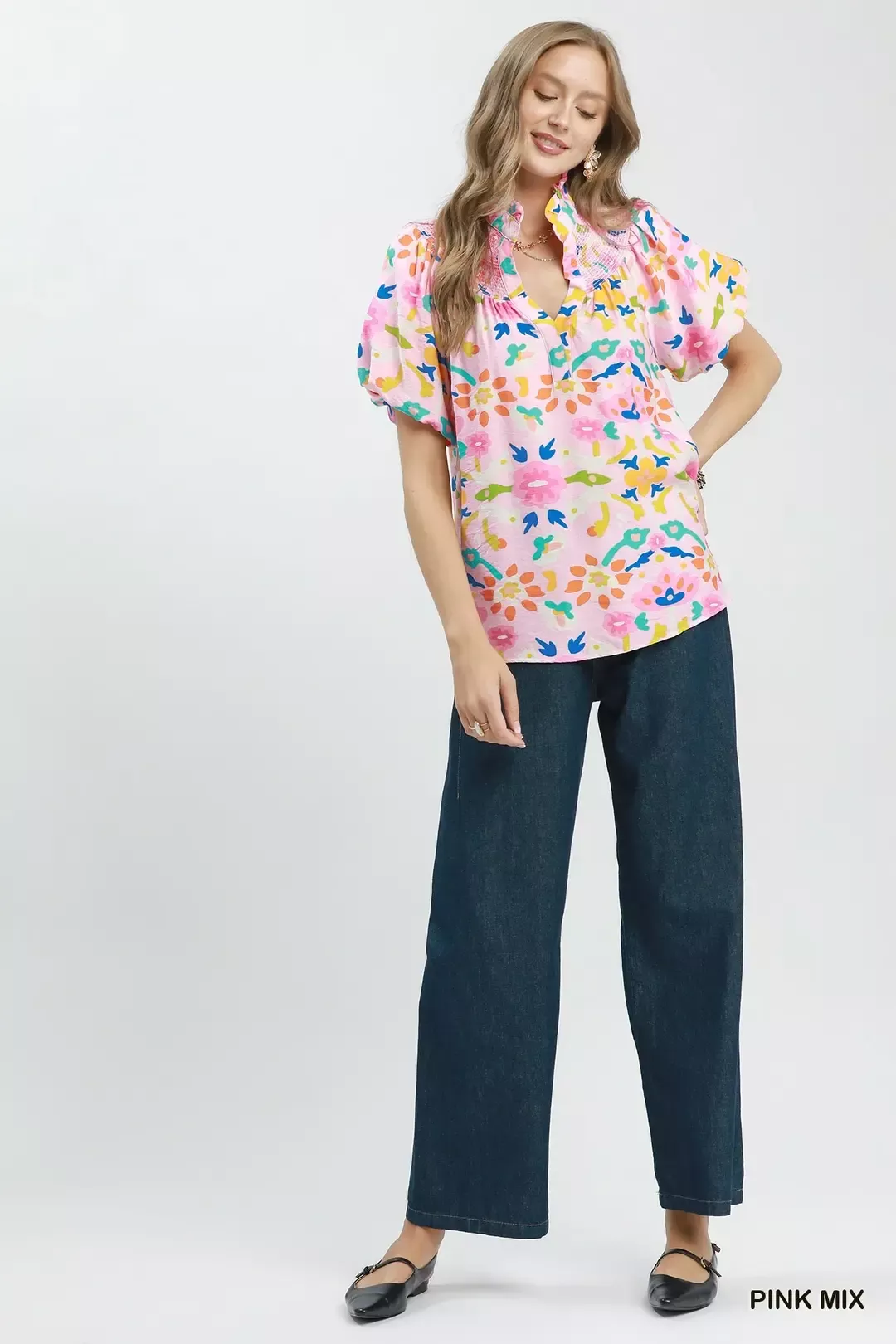 Umgee Folk Art Print Top with Smocked Detail - Image 5