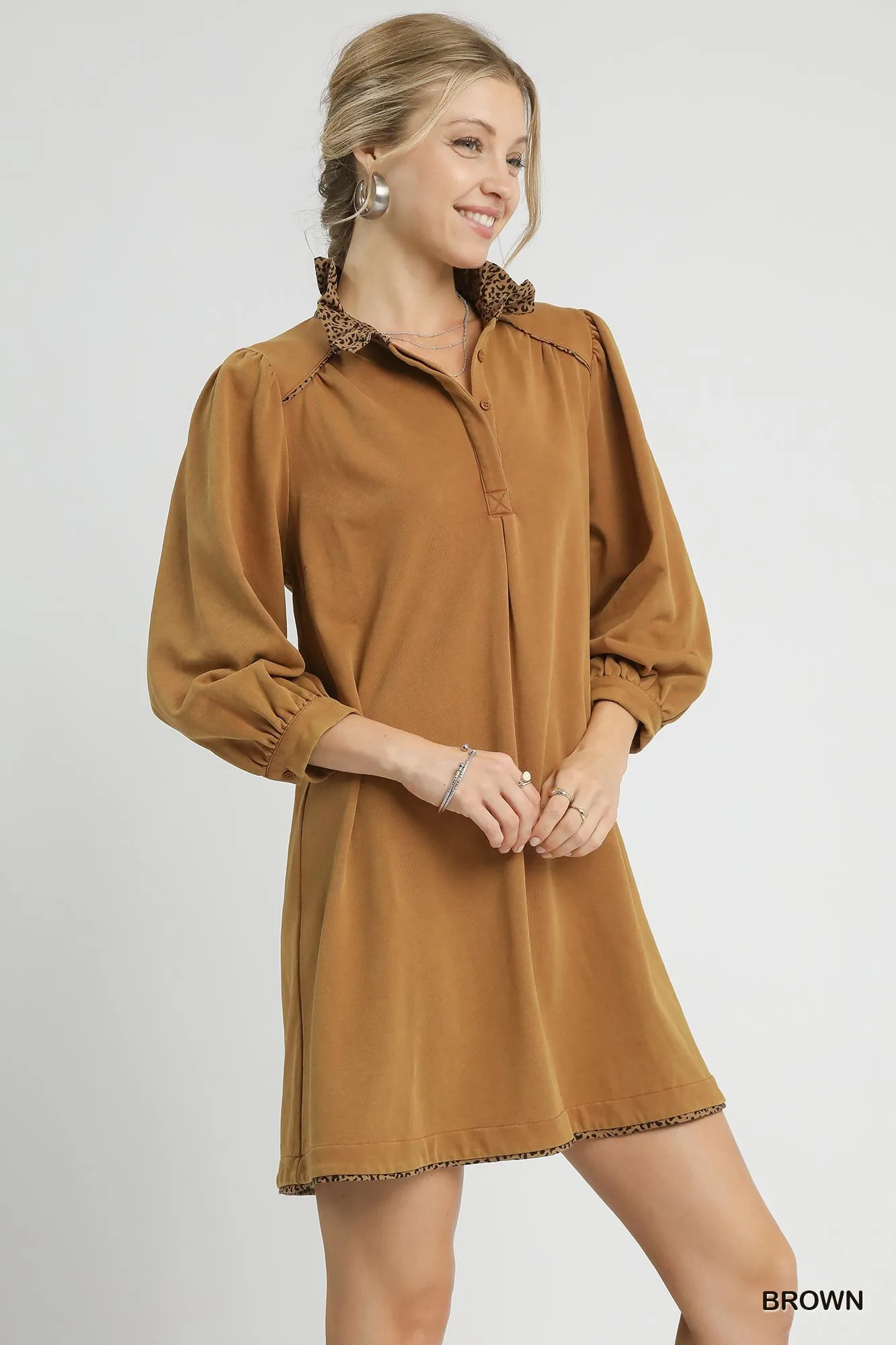 Umgee French Terry Balloon Sleeve Shift Dress with Leopard Print Detail - Image 3