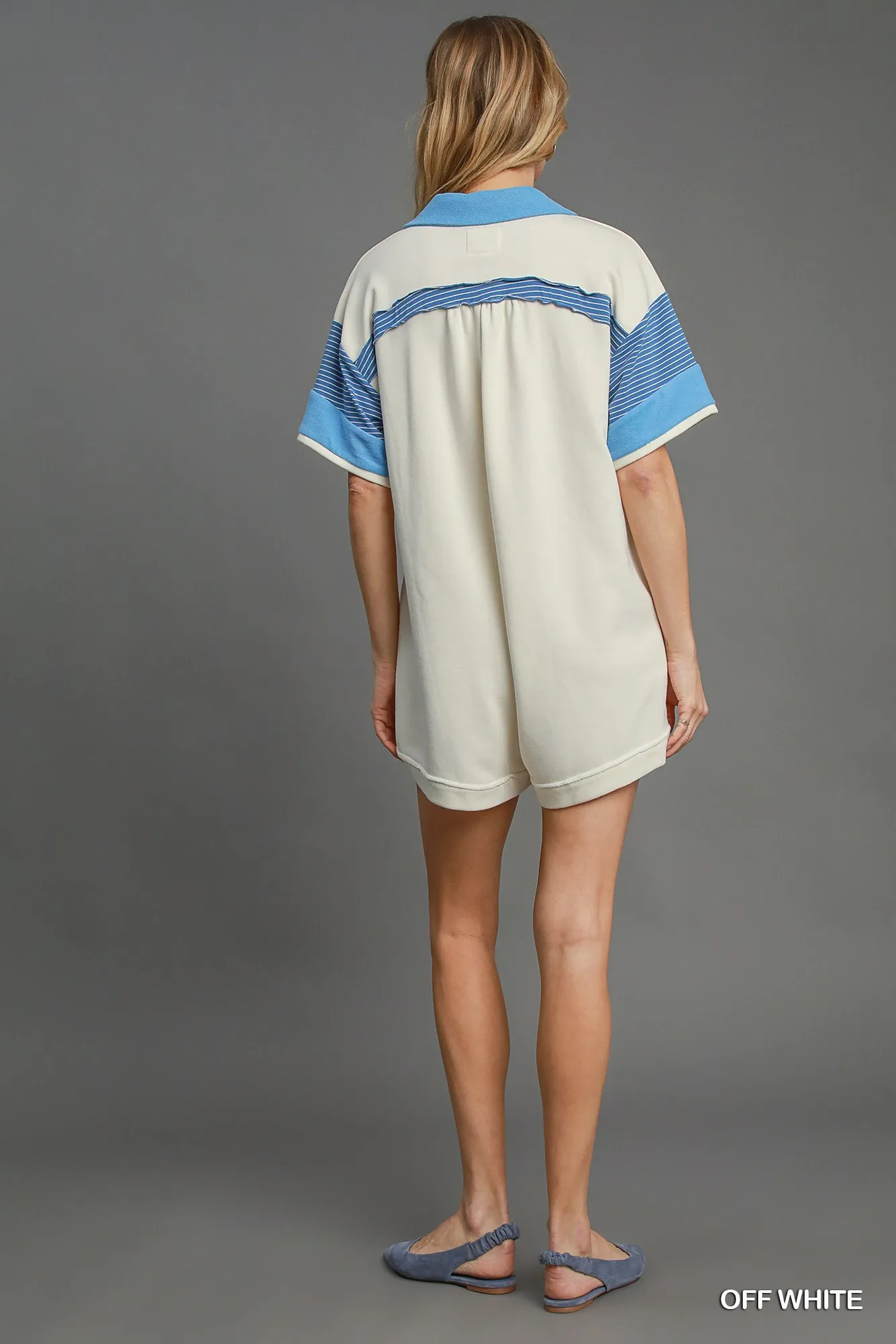 Umgee French Terry Collared Colorblock Romper - Image 3