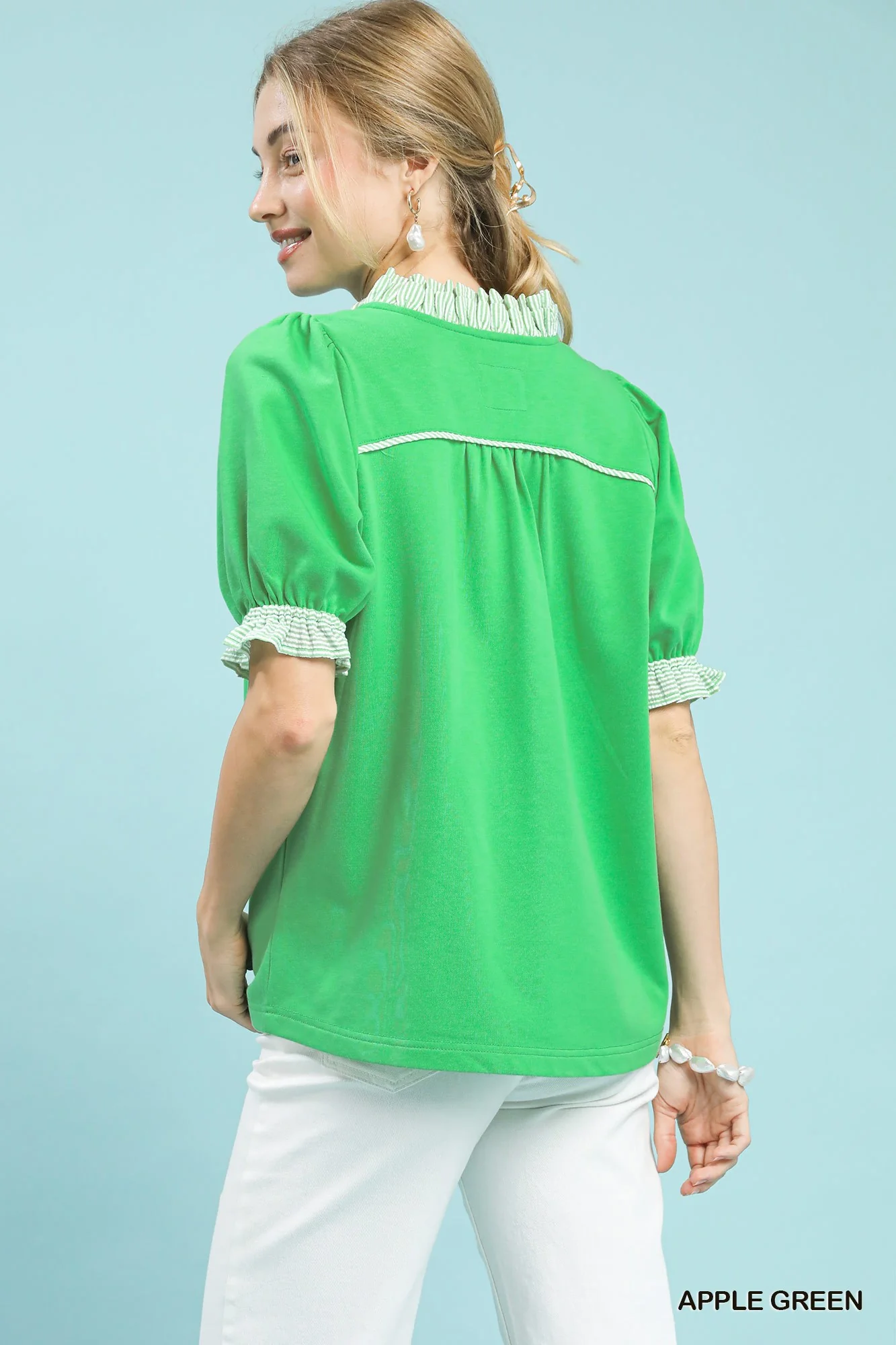 Umgee French Terry Ruffle Trim Puff Sleeve Top - Image 3