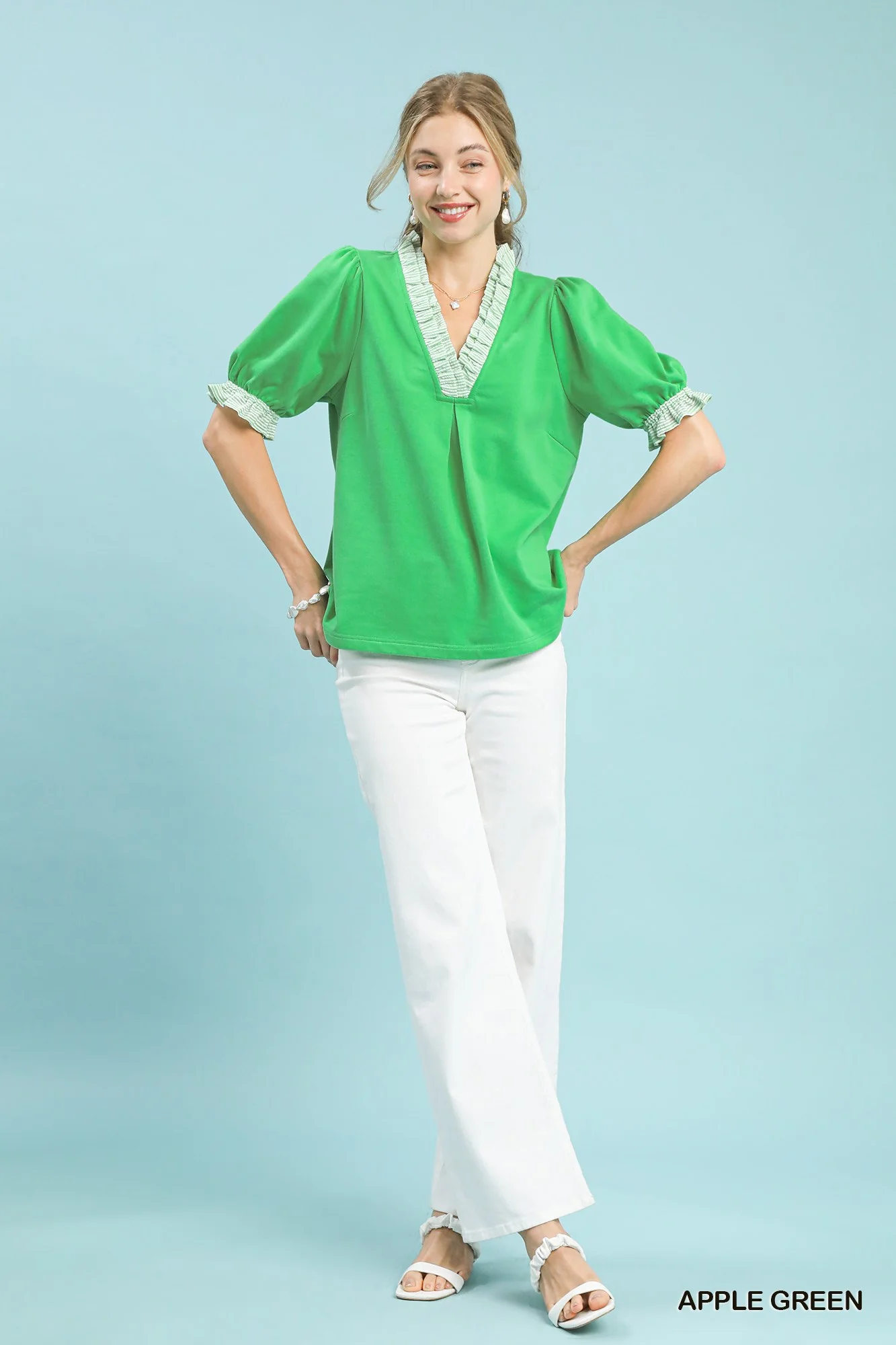 Umgee French Terry Ruffle Trim Puff Sleeve Top - Image 5
