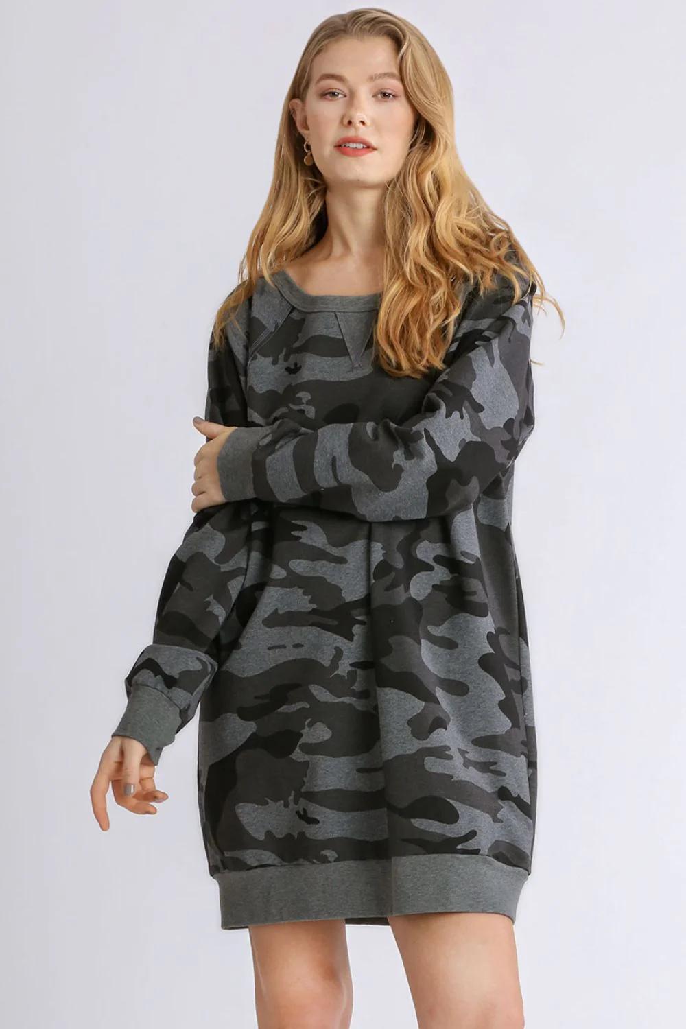 Umgee Full Size Camo Print Ribbed Hem French Terry Mini Dress Plus Size - Image 2