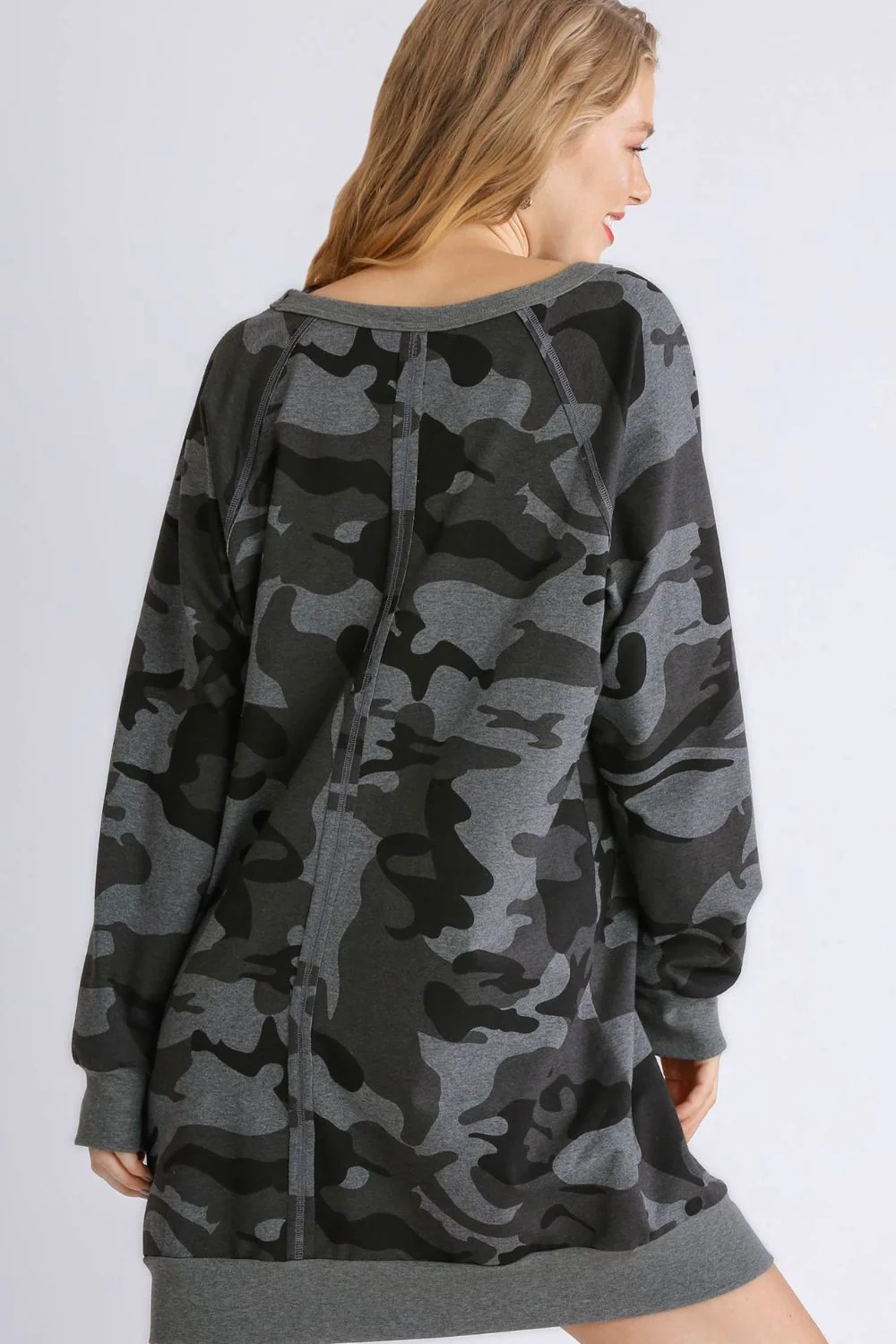 Umgee Full Size Camo Print Ribbed Hem French Terry Mini Dress Plus Size - Image 3