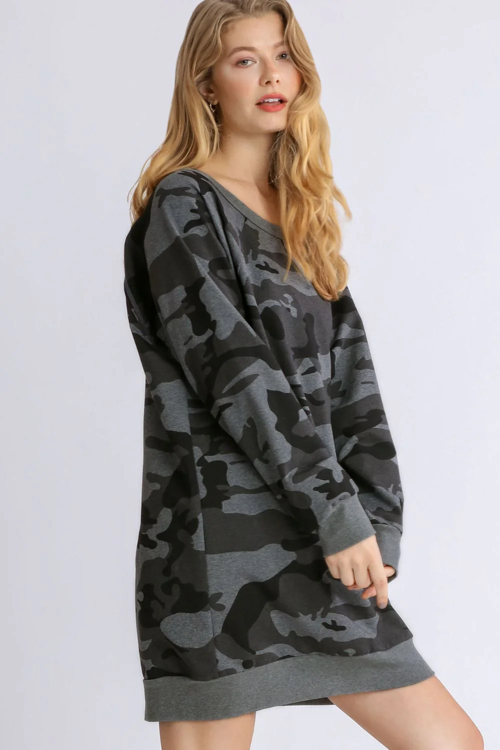 Umgee Full Size Camo Print Ribbed Hem French Terry Mini Dress Plus Size - Image 4