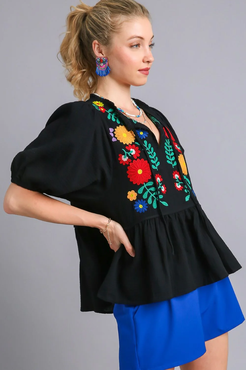 Umgee Full Size Cotton Gauze Floral Embroidery Babydoll Blouse Plus Size - Image 2
