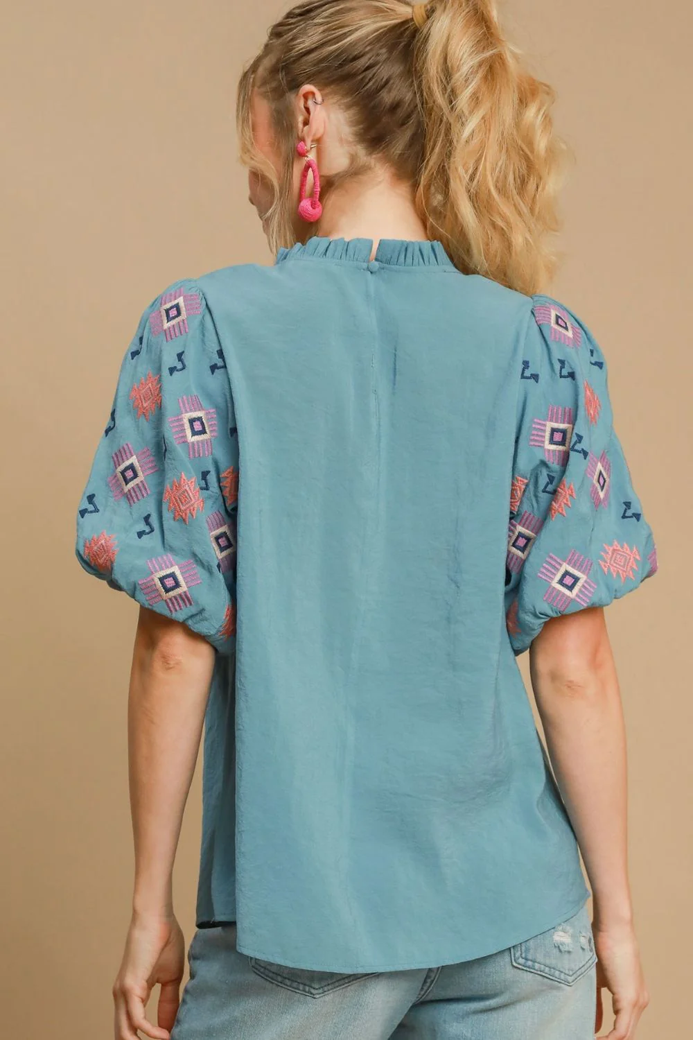 Umgee Full Size Embroidered Puff Sleeve Mock Neck Top Plus Size - Image 3