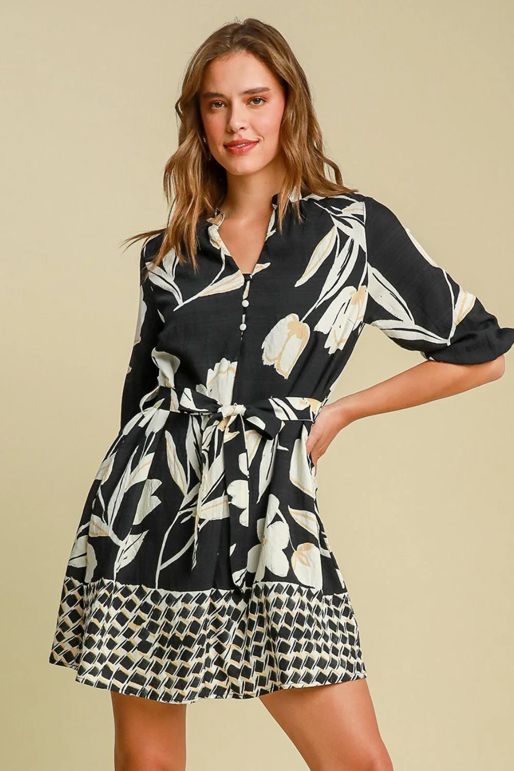 Umgee Full Size Floral Print Notched Tie Waist Mini Dress Plus Size - Image 2