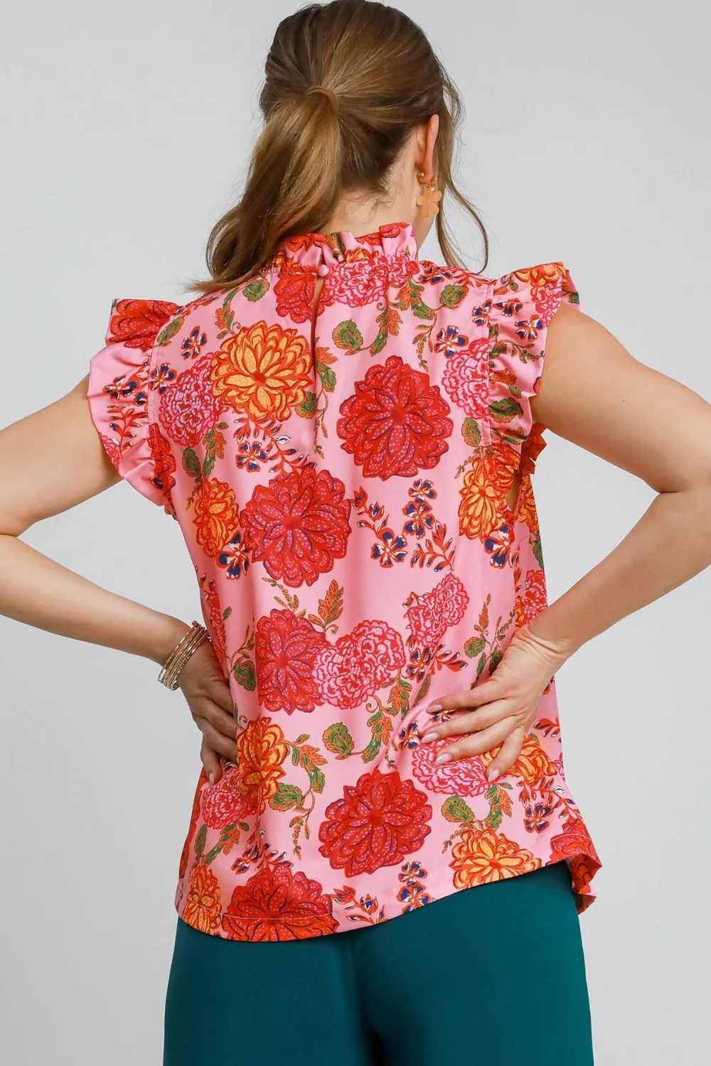 Umgee Full Size Floral Print Ruffled Cap Sleeve Blouse Plus Size - Image 3