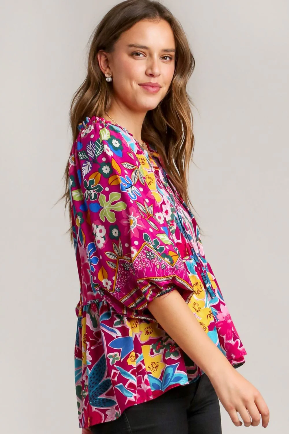 Umgee Full Size Floral Print Tie Neck Peplum Blouse Plus Size - Image 2
