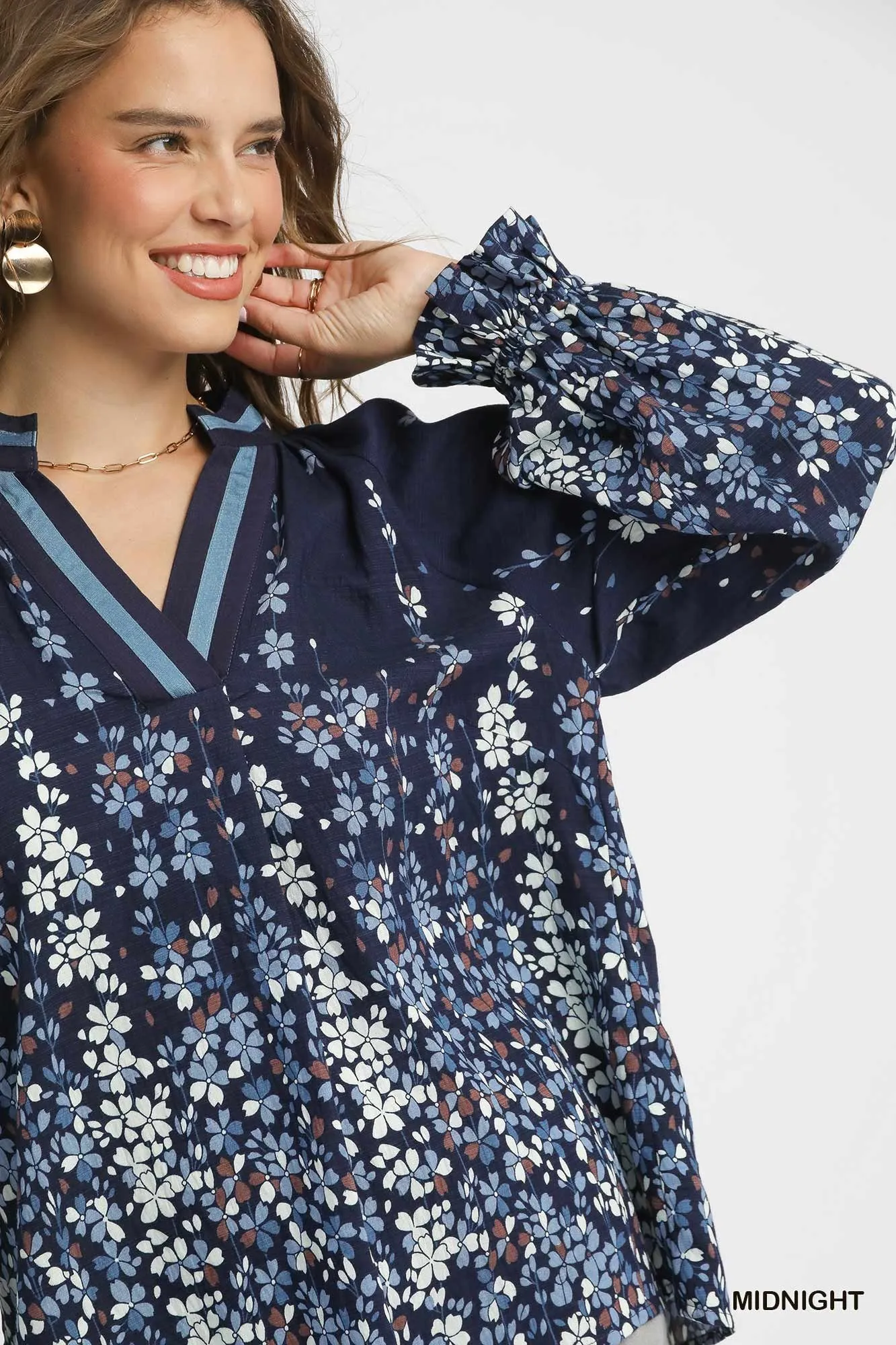 Umgee Full Size Floral Vine Print Blouse with Balloon Sleeves Plus Size - Image 5