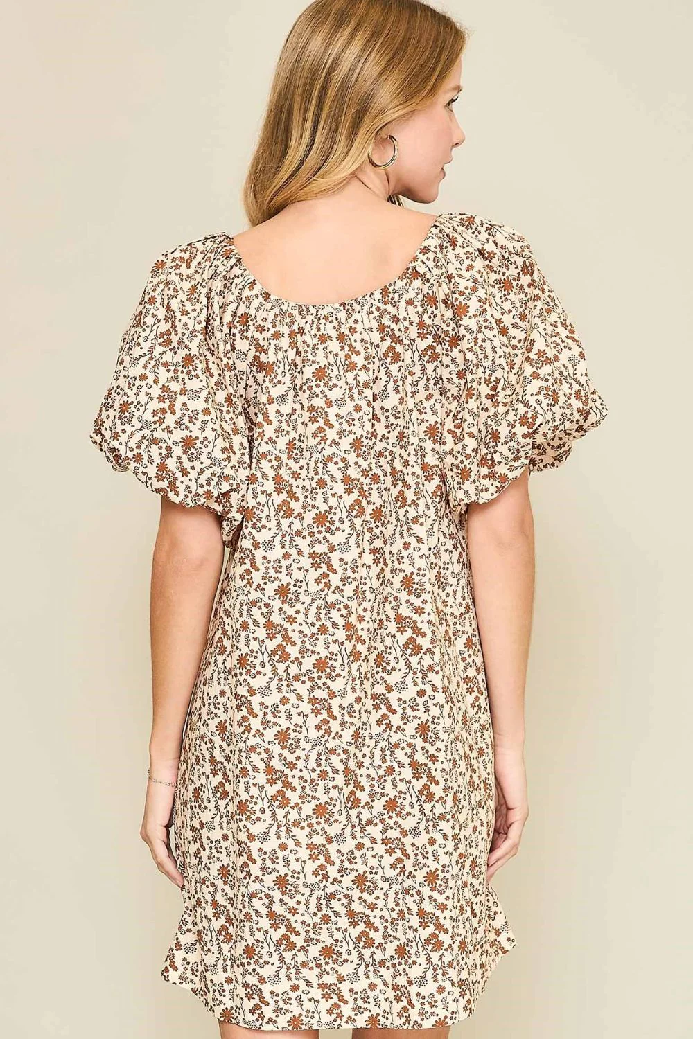 Umgee Full Size Lace Tape Drawstring Floral Puff Sleeve Mini Dress Plus Size - Image 4