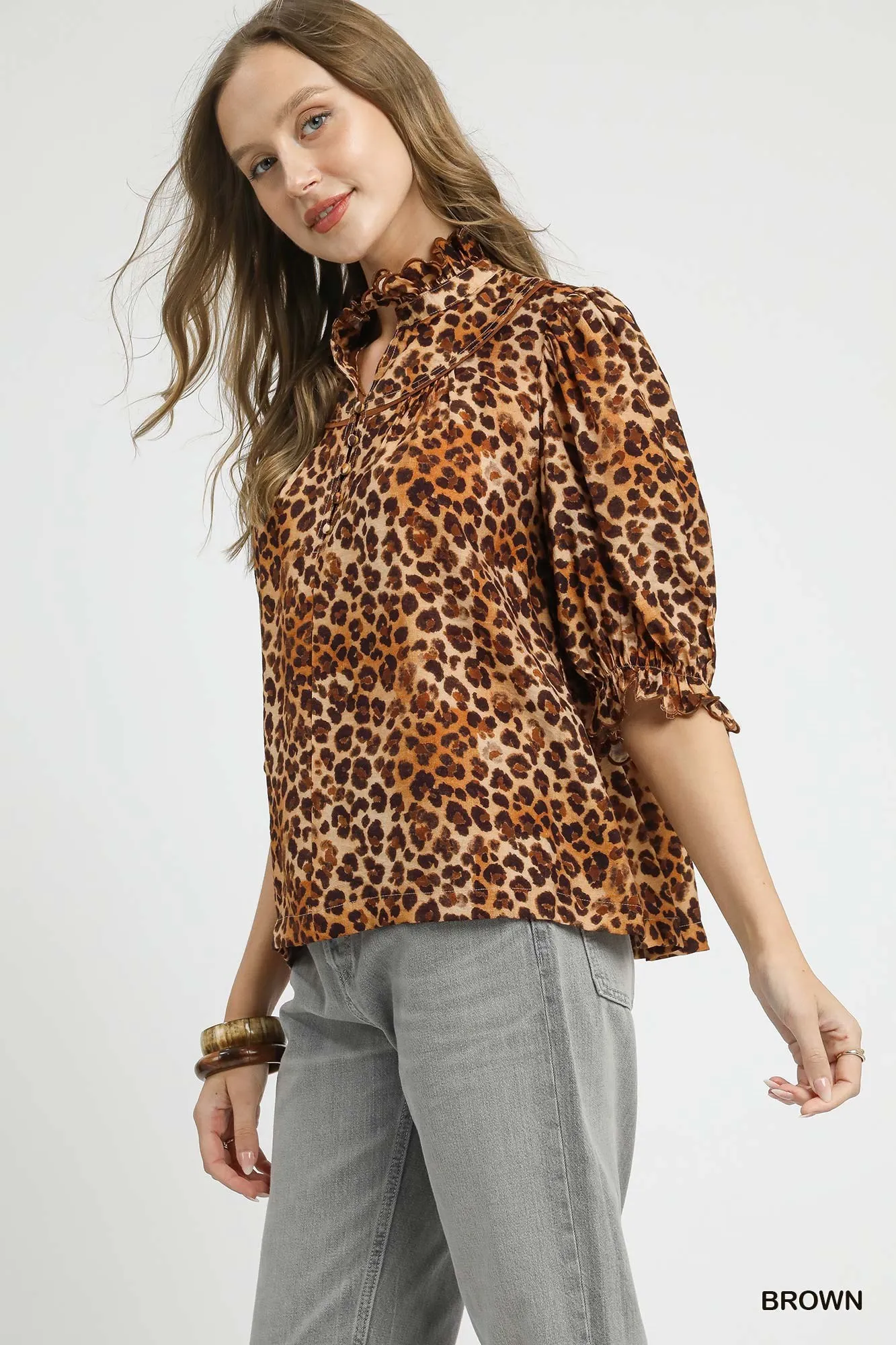 Umgee Full Size Leopard Print Ruffle Neck Blouse Plus Size - Image 4