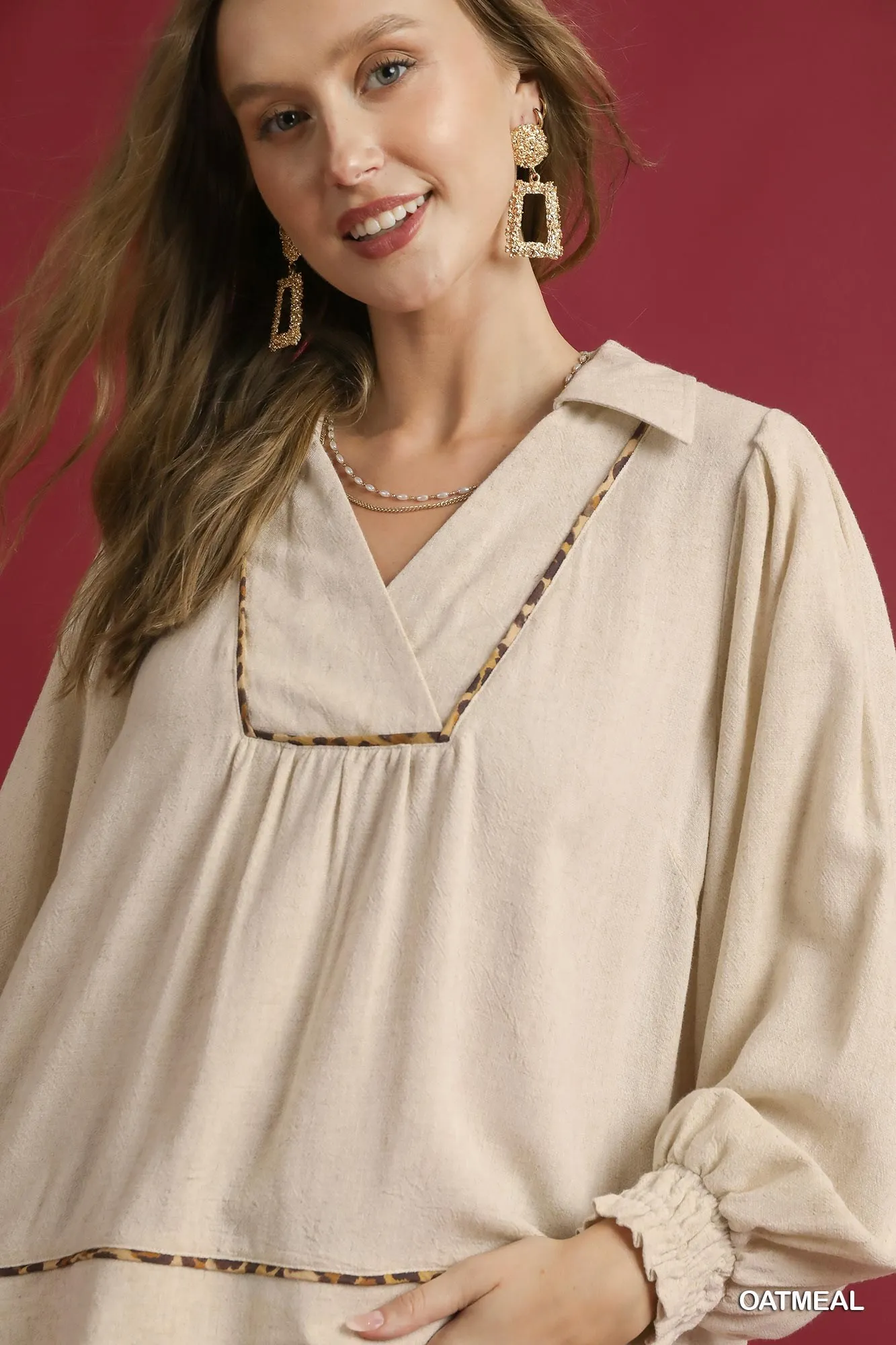 Umgee Full Size Linen Scallop Hem Blouse with Contrast Trim Plus Size - Image 5