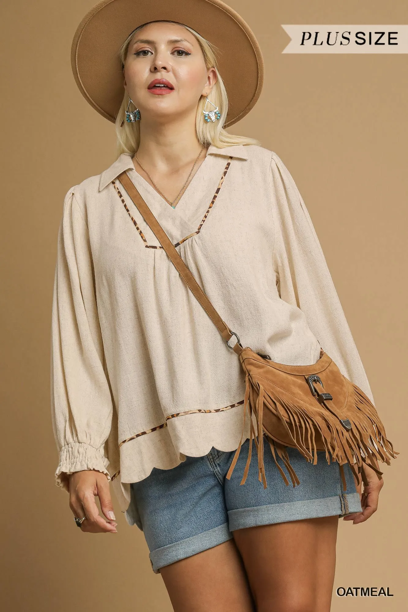Umgee Full Size Linen Scallop Hem Blouse with Contrast Trim Plus Size - Image 7