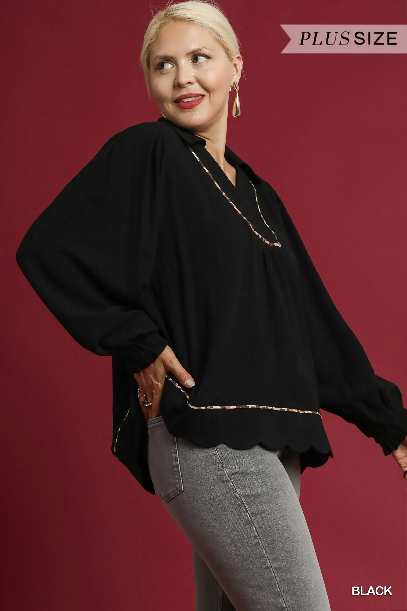 Umgee Full Size Linen Scallop Hem Blouse with Contrast Trim Plus Size - Image 7