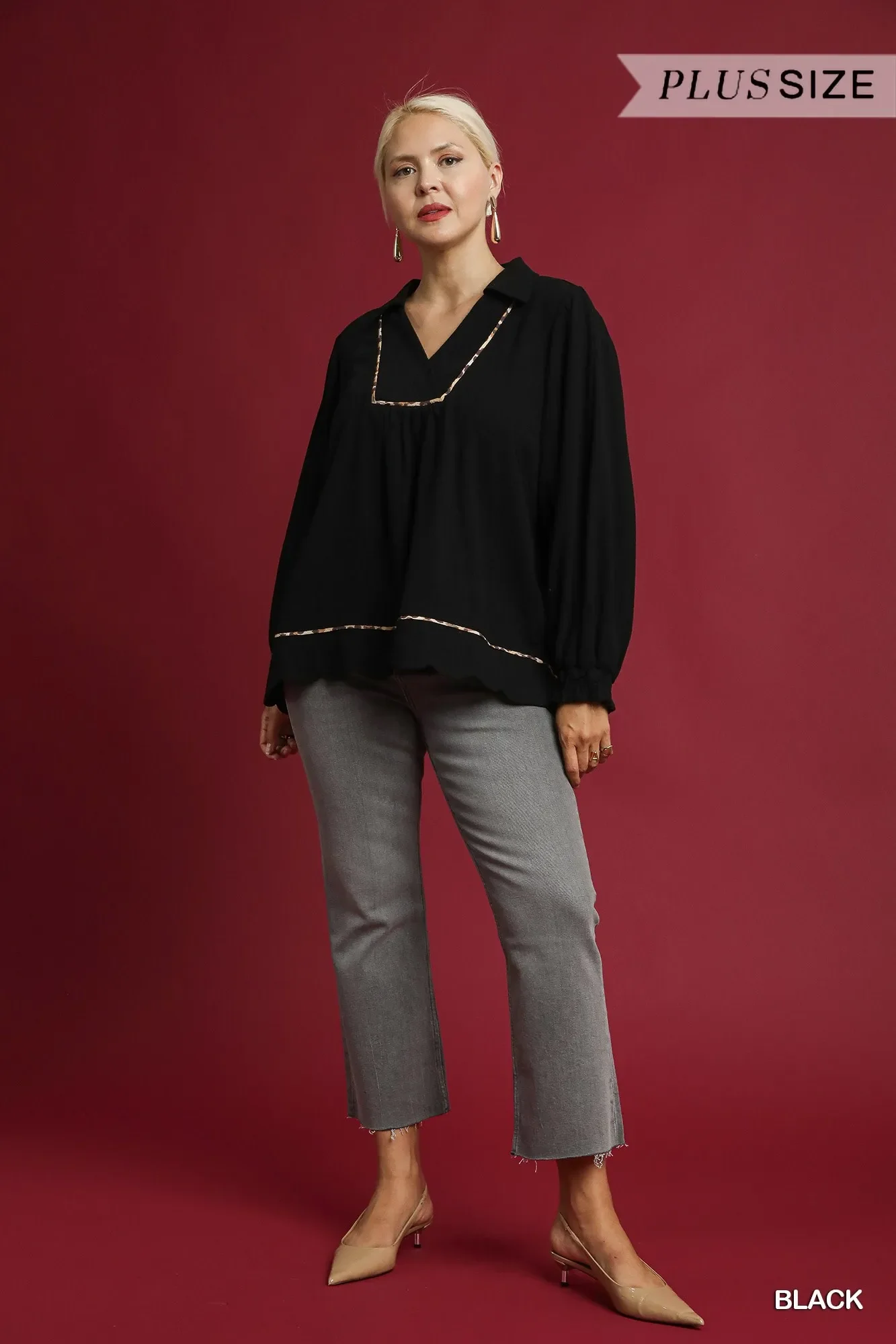 Umgee Full Size Linen Scallop Hem Blouse with Contrast Trim Plus Size - Image 9