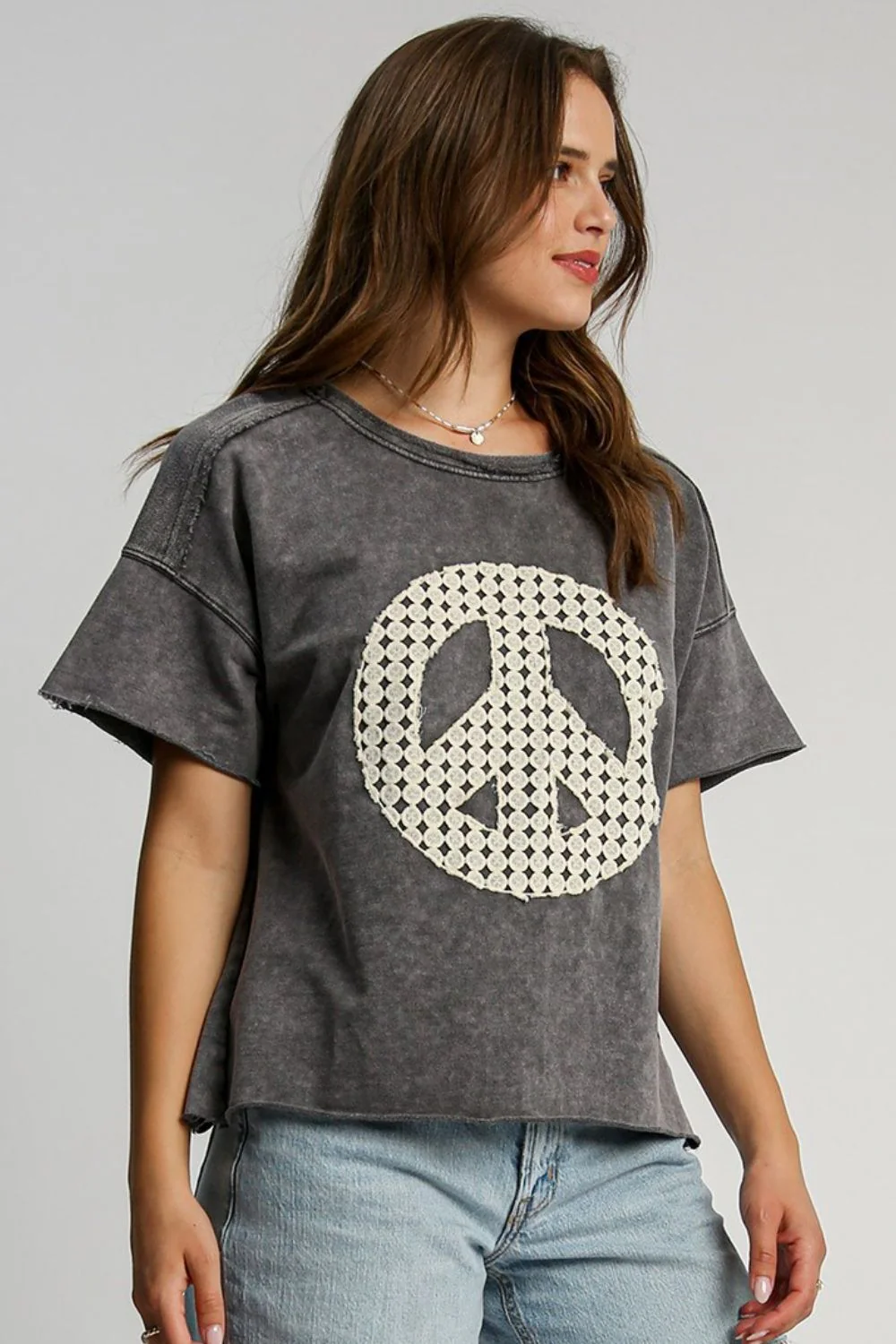 Umgee Full Size Mineral Wash T-Shirt with Lace Applique Plus Size - Image 2
