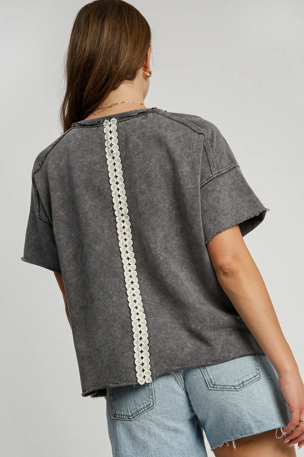 Umgee Full Size Mineral Wash T-Shirt with Lace Applique Plus Size - Image 3