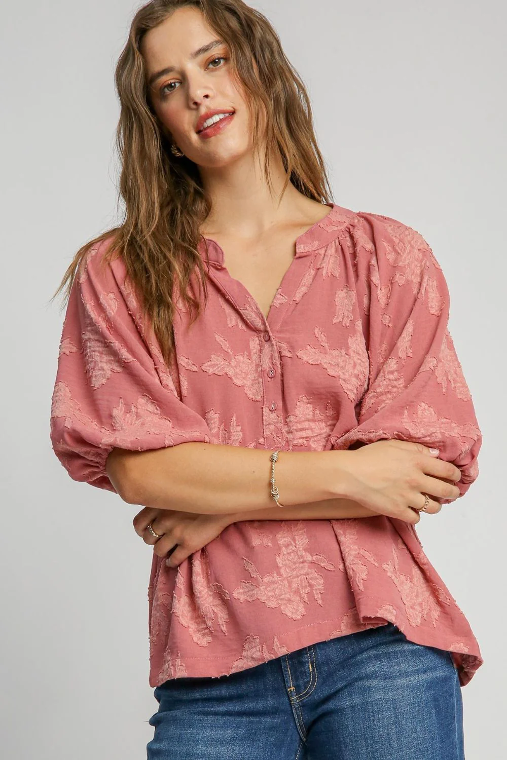 Umgee Full Size Notched Button Detail Half Sleeve Blouse Plus Size - Image 2